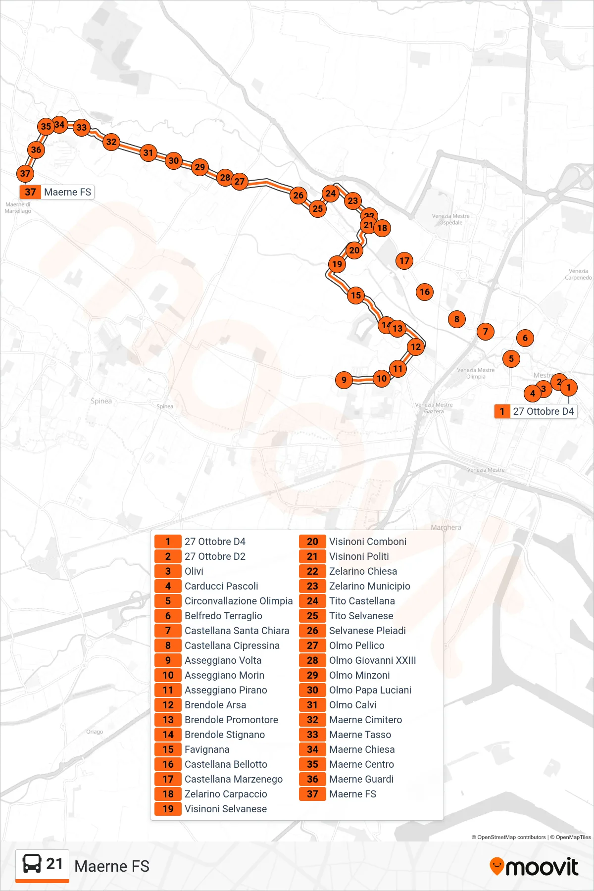 Linea 21 bus (Maerne FS) - Percorsi e fermate sulla mappa