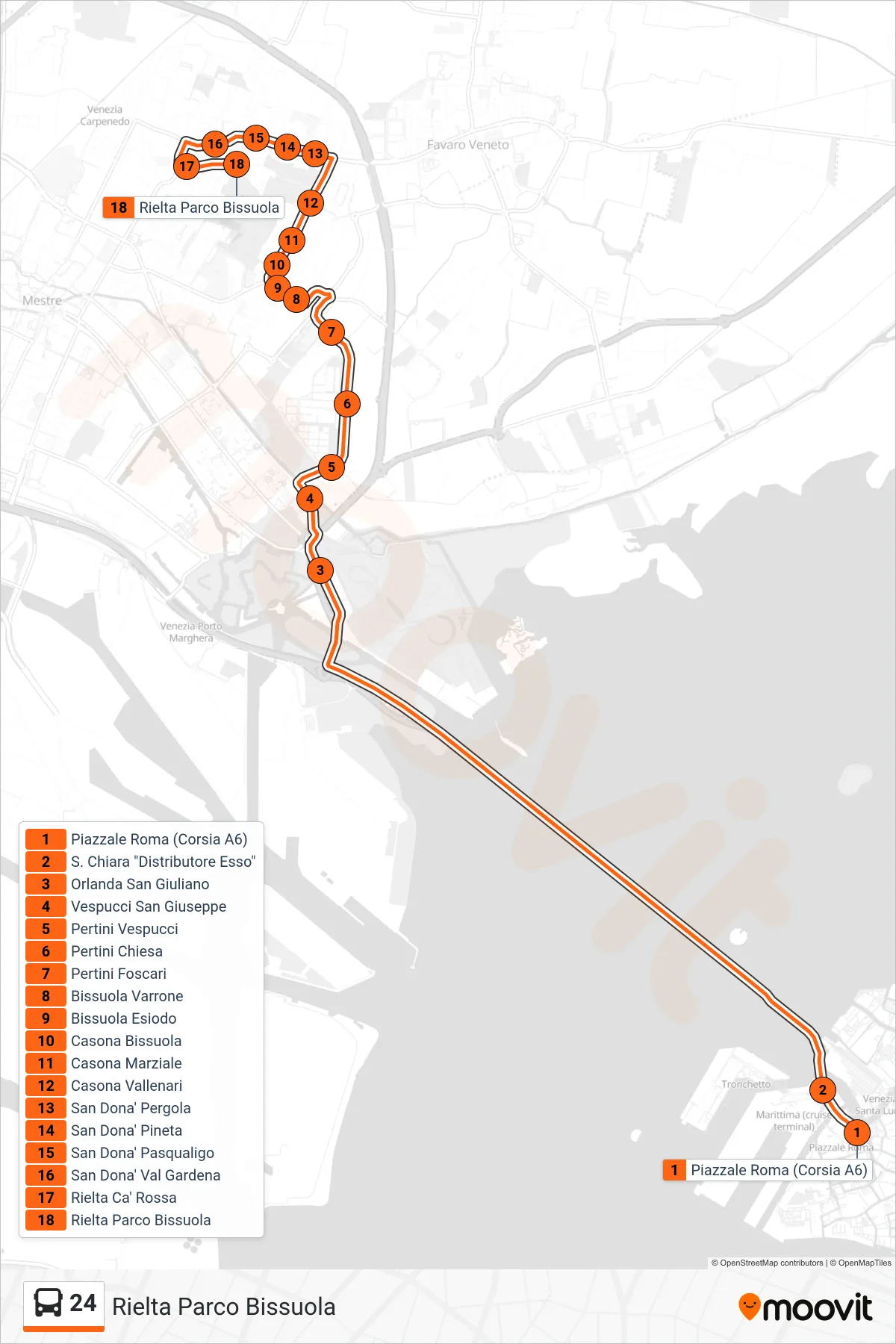 Linea 24  bus (Rielta Parco Bissuola) - Percorsi e fermate sulla mappa