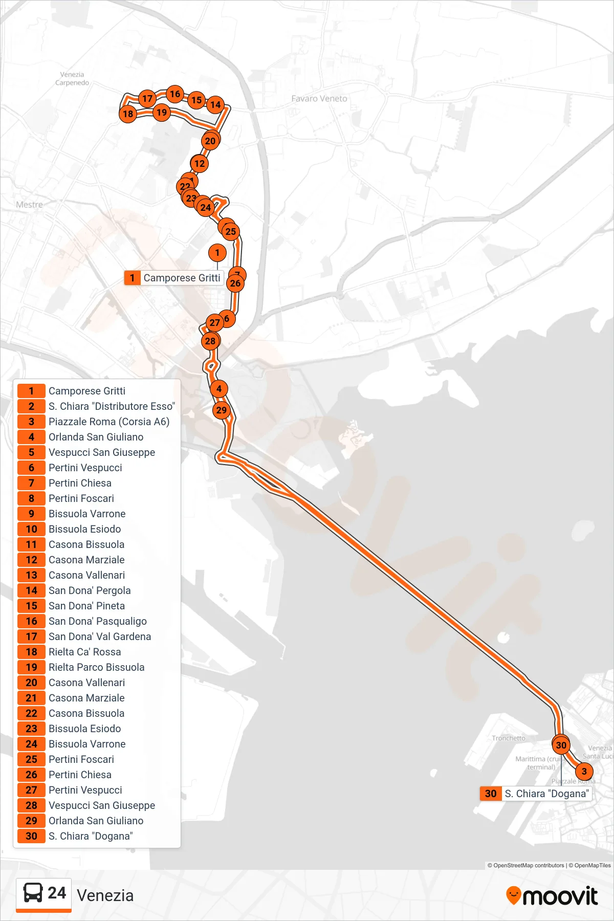 Linea 24  bus (Venezia) - Percorsi e fermate sulla mappa