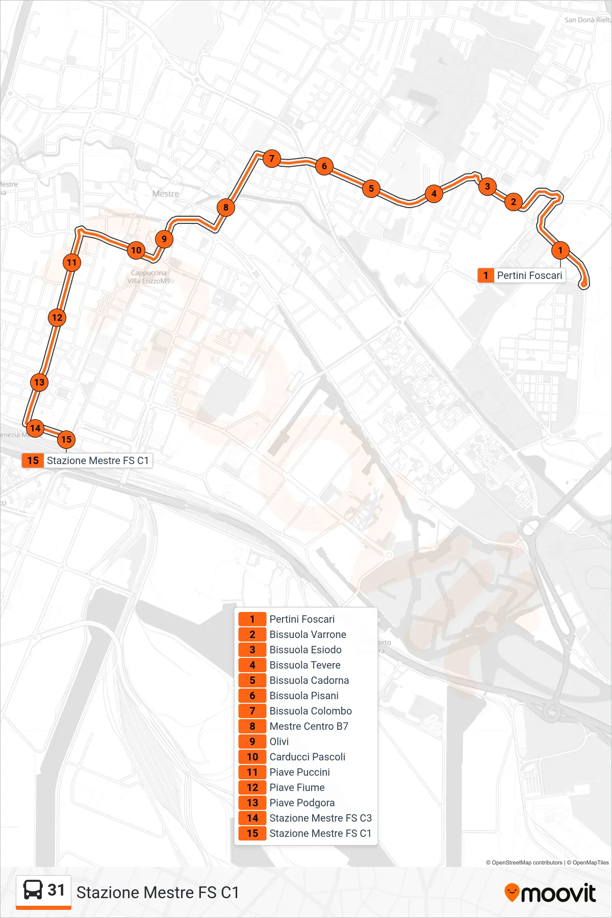 Linea 31 bus (Stazione Mestre FS C1) - Percorsi e fermate sulla mappa
