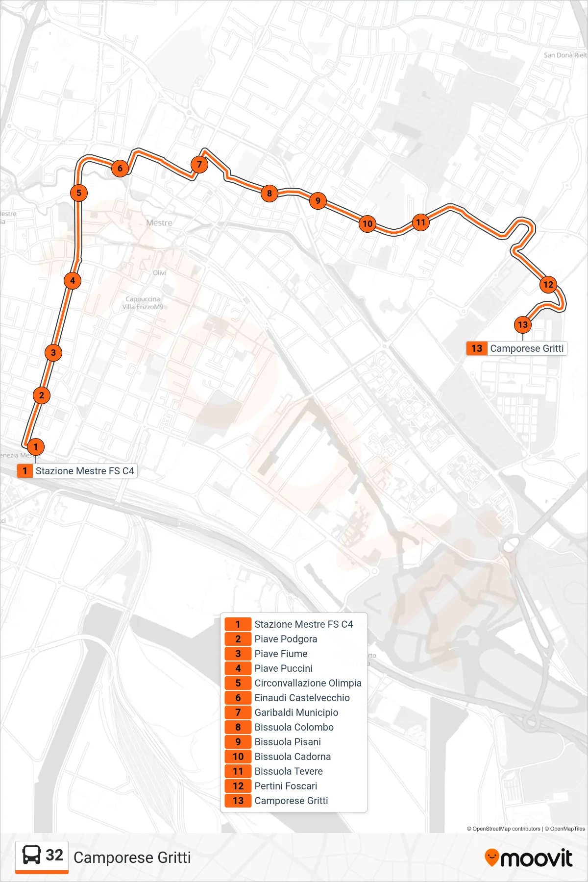Linea 32 bus (Camporese Gritti) - Percorsi e fermate sulla mappa