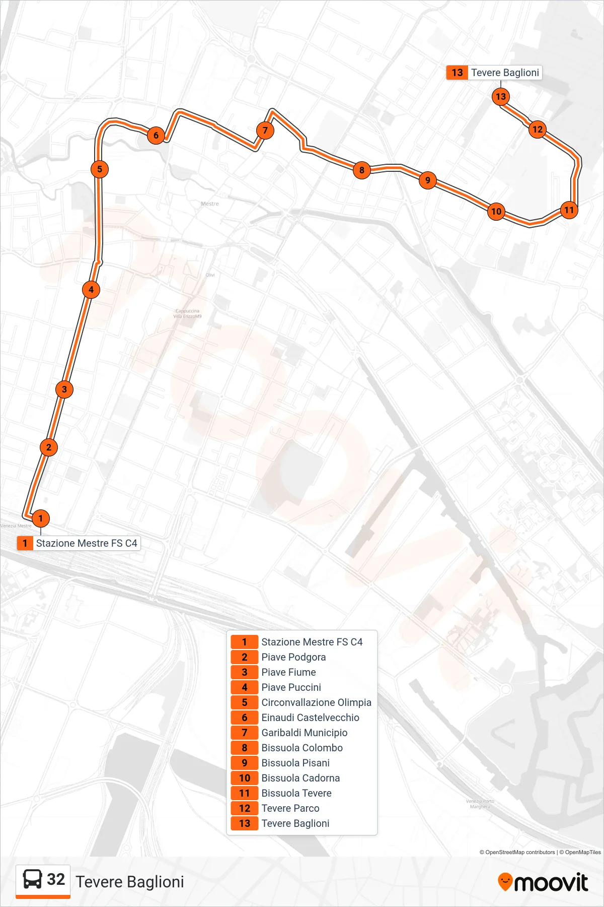 Linea 32 bus (Tevere Baglioni) - Percorsi e fermate sulla mappa