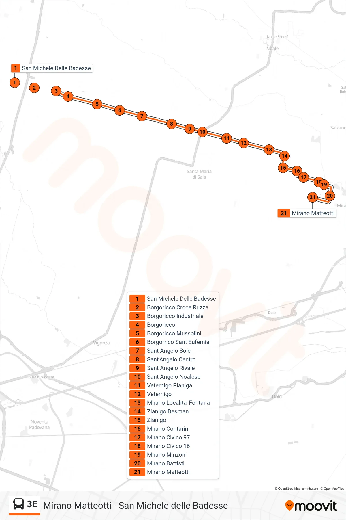 Linea 3E  bus (Mirano Matteotti) - Percorsi e fermate sulla mappa