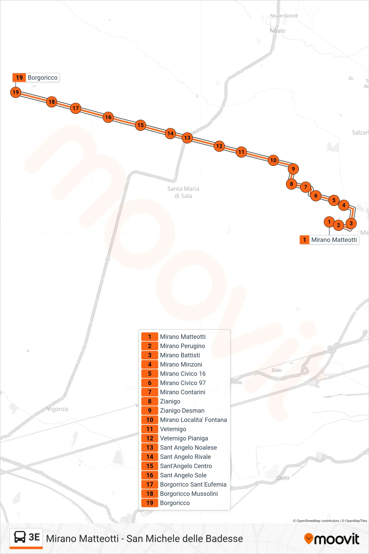 Linea 3E bus (Borgoricco) - Percorsi e fermate sulla mappa
