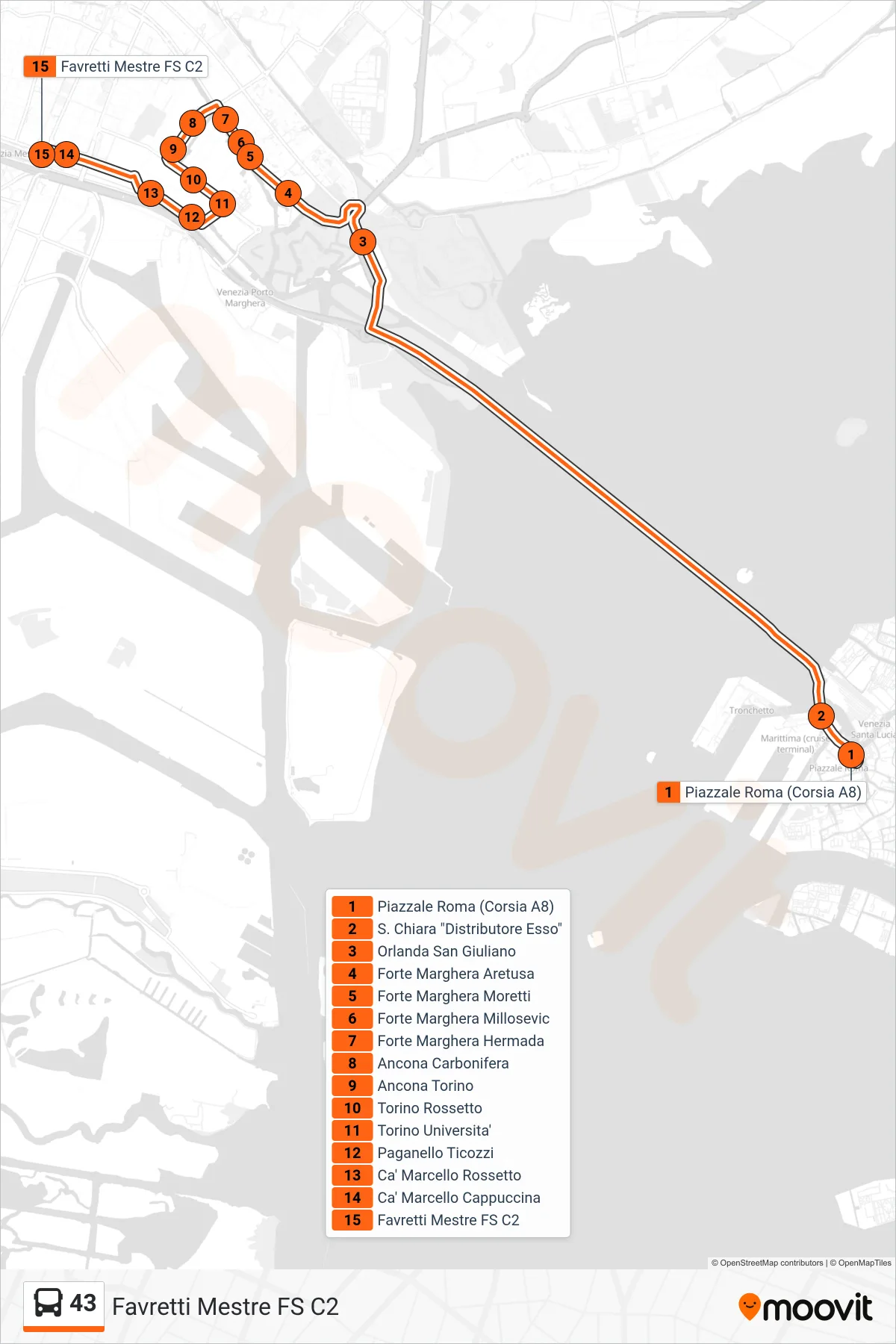 Linea 43 bus (Favretti Mestre FS C2) - Percorsi e fermate sulla mappa
