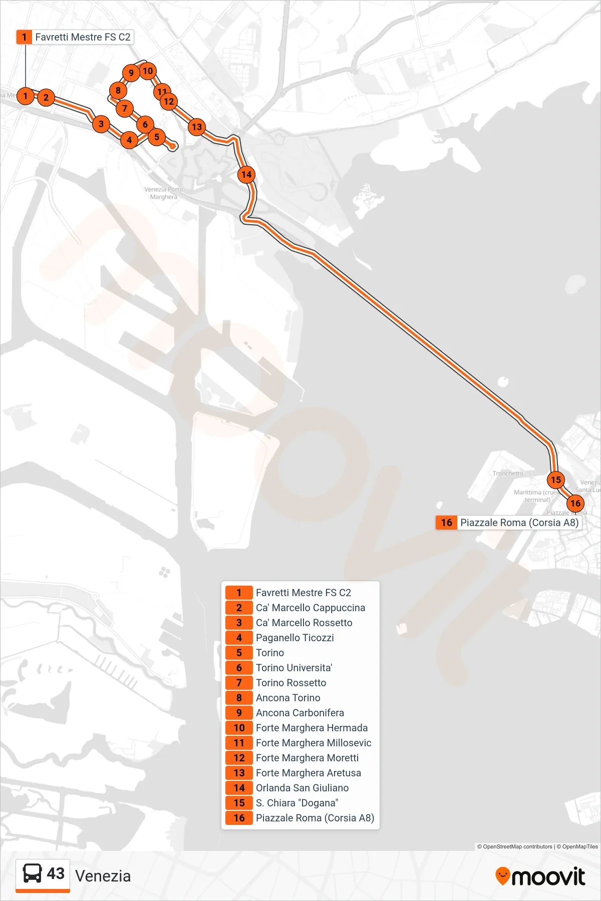 Linea 43 bus (Venezia) - Percorsi e fermate sulla mappa
