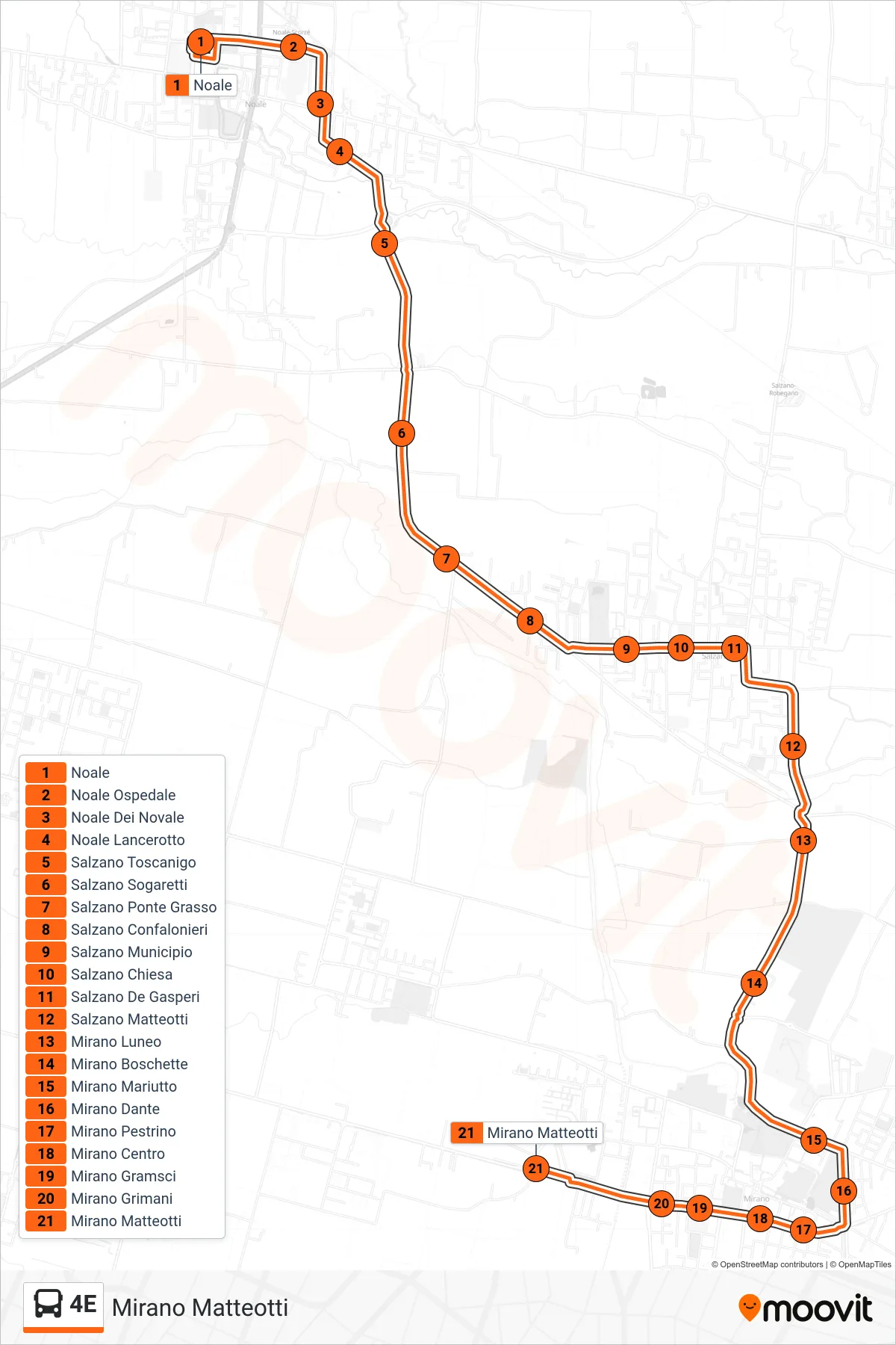 Linea 4E  bus (Mirano Matteotti) - Percorsi e fermate sulla mappa