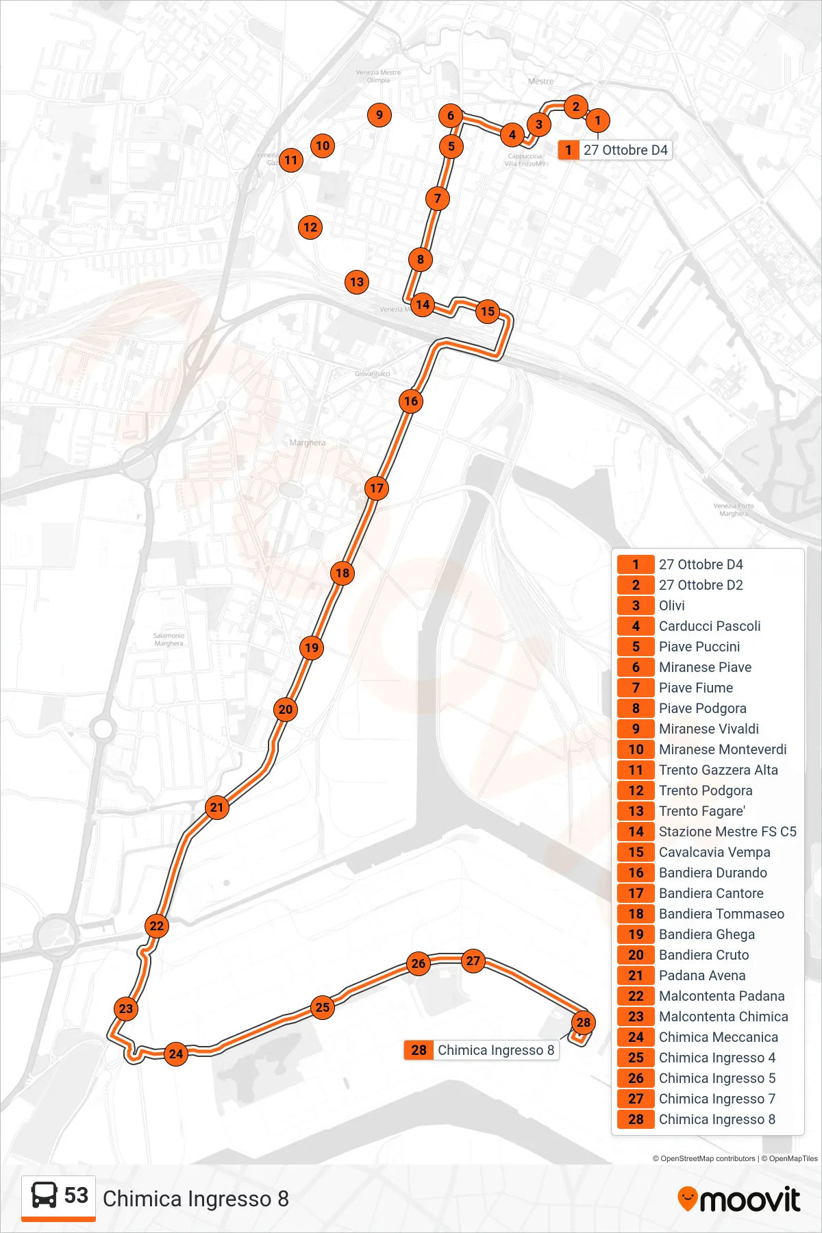 Linea 53 bus (Chimica Ingresso 8) - Percorsi e fermate sulla mappa