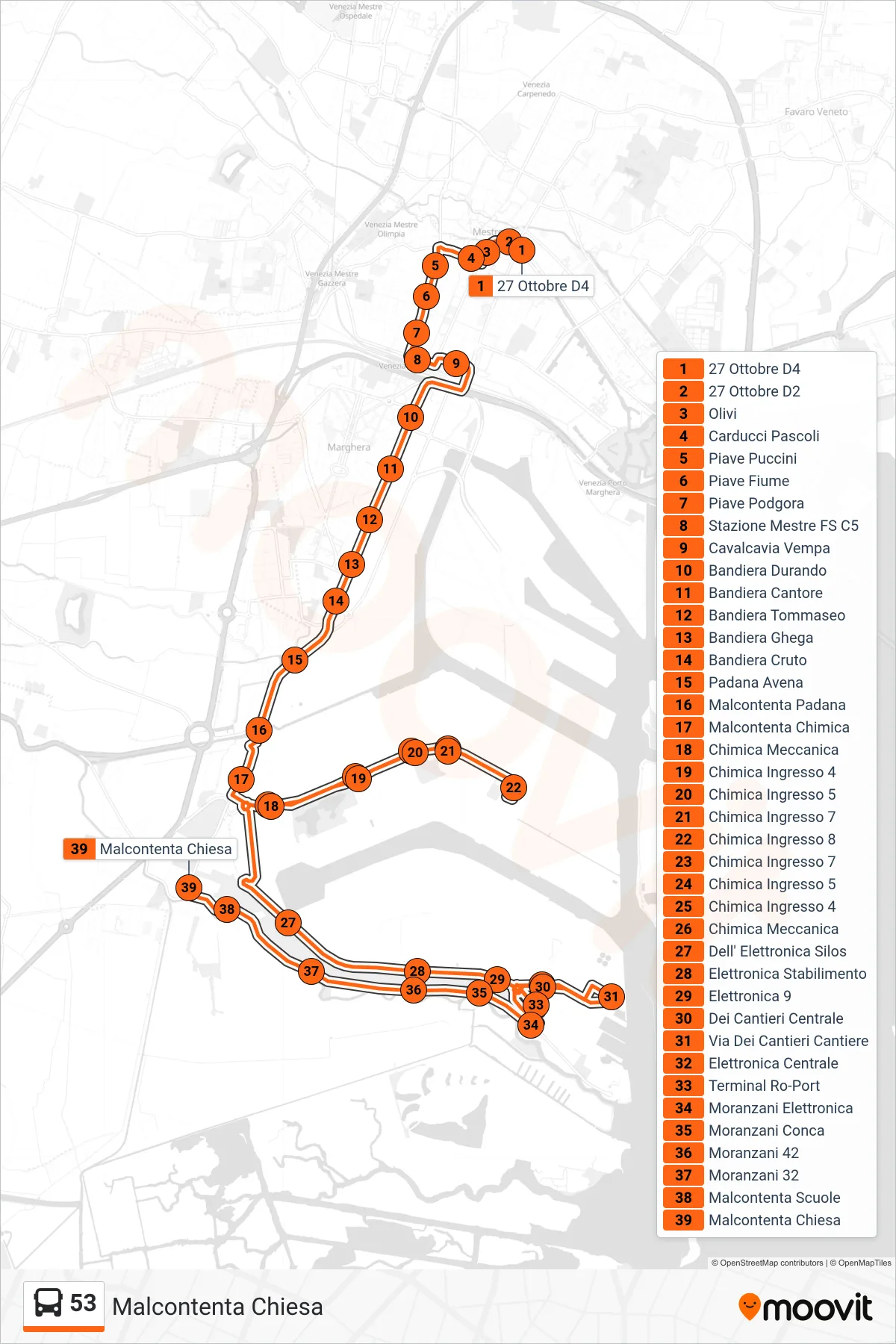 Linea 53 bus (Malcontenta Chiesa) - Percorsi e fermate sulla mappa