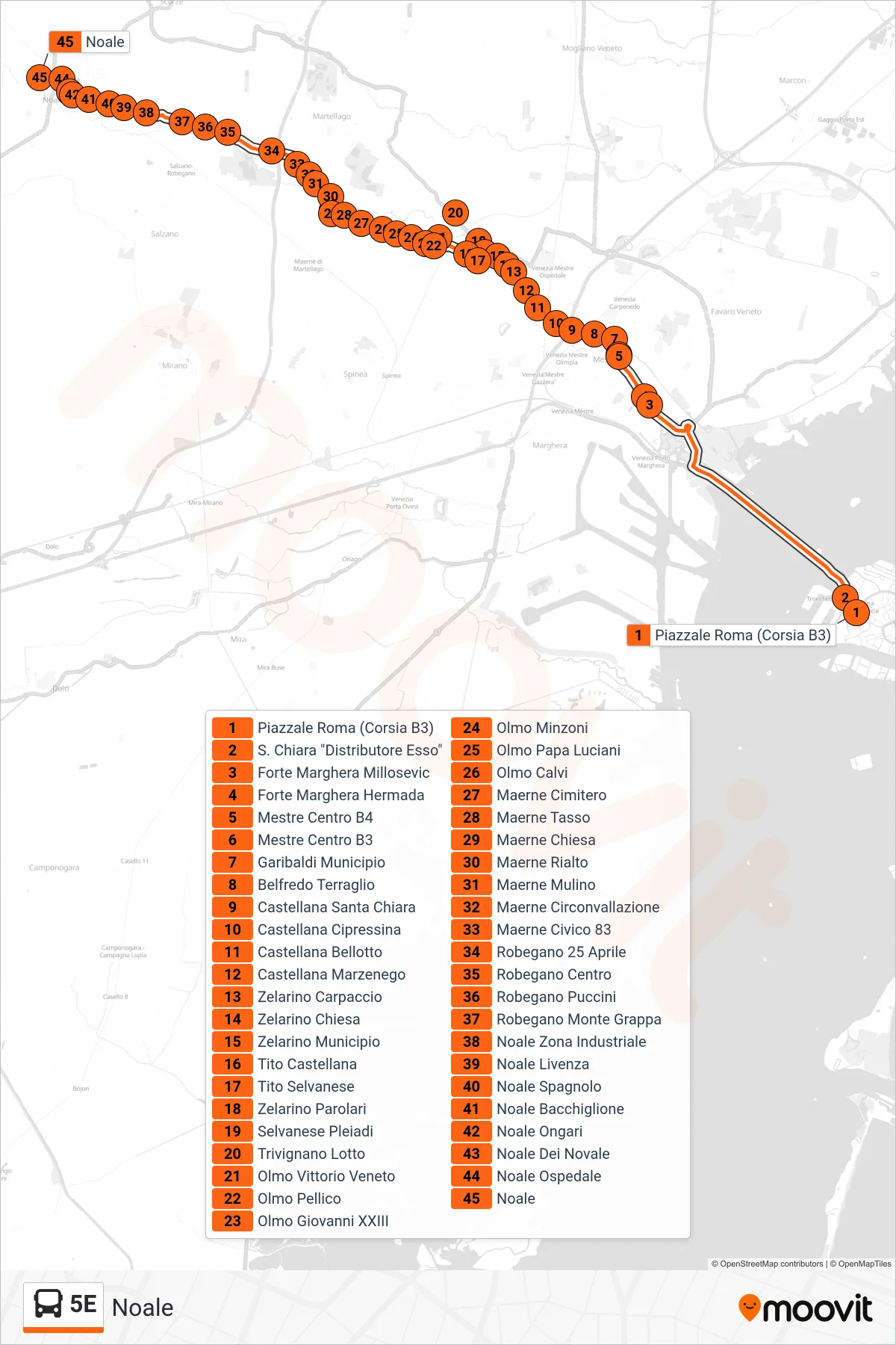 Linea 5E bus (Noale) - Percorsi e fermate sulla mappa