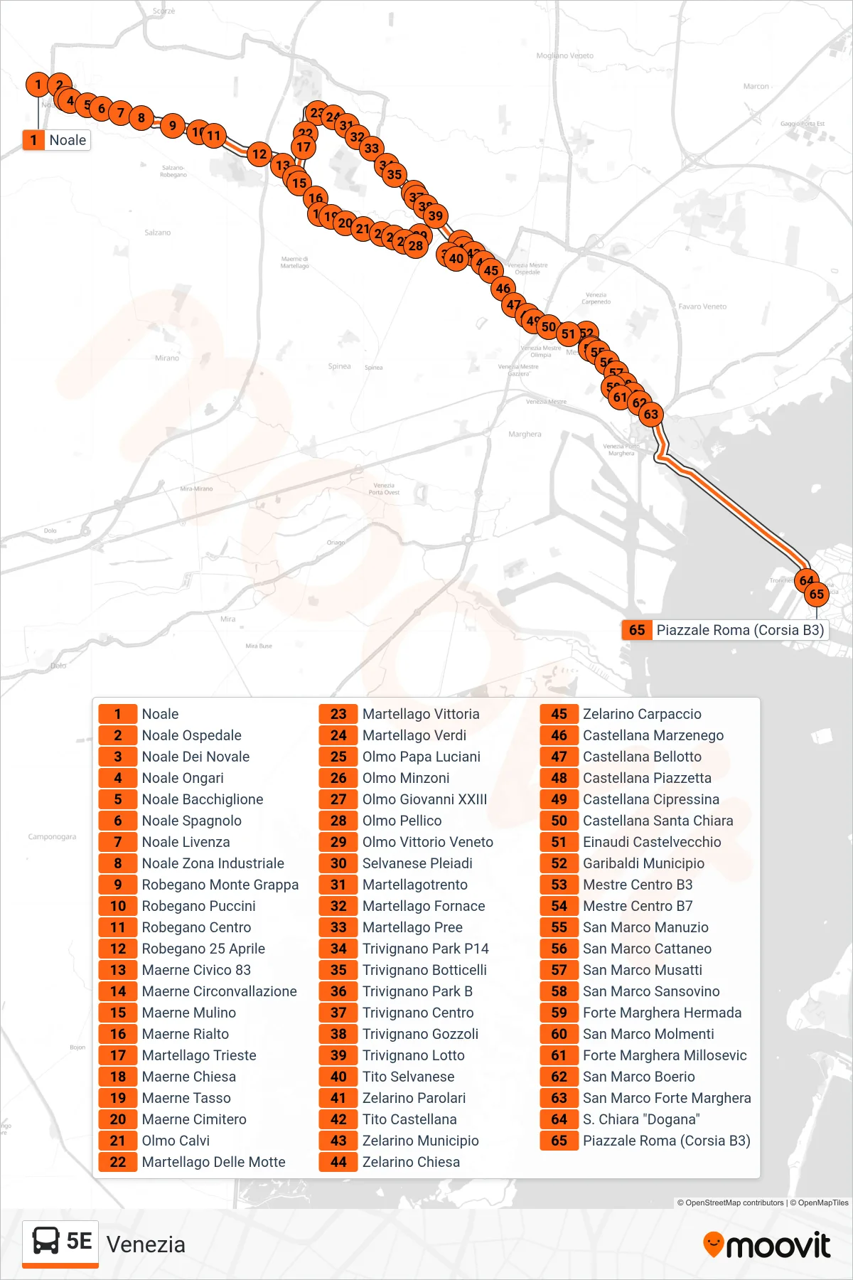 Linea 5E bus (Venezia) - Percorsi e fermate sulla mappa