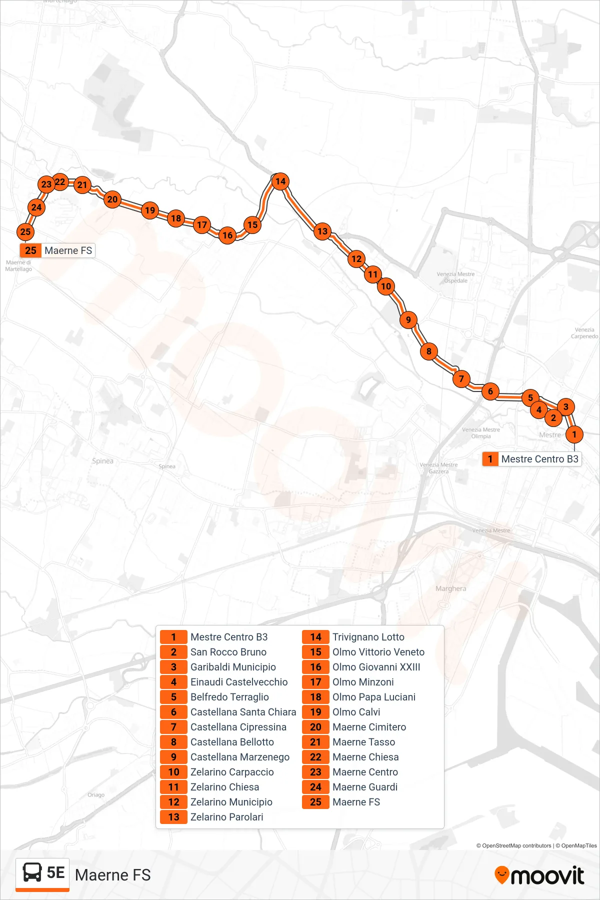 Linea 5E bus (Maerne FS) - Percorsi e fermate sulla mappa