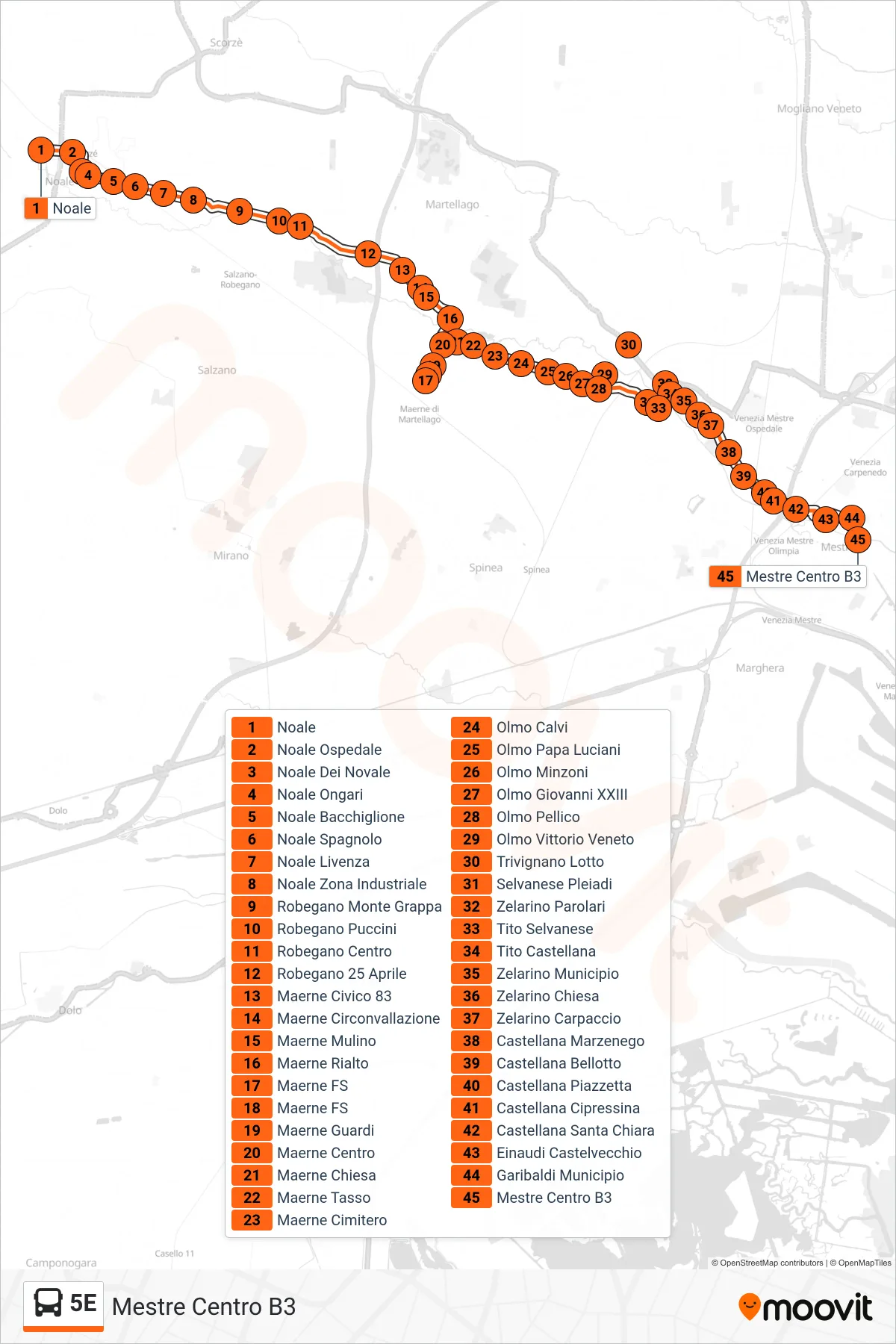 5E bus Line (Mestre Center B3) route and stops on a map