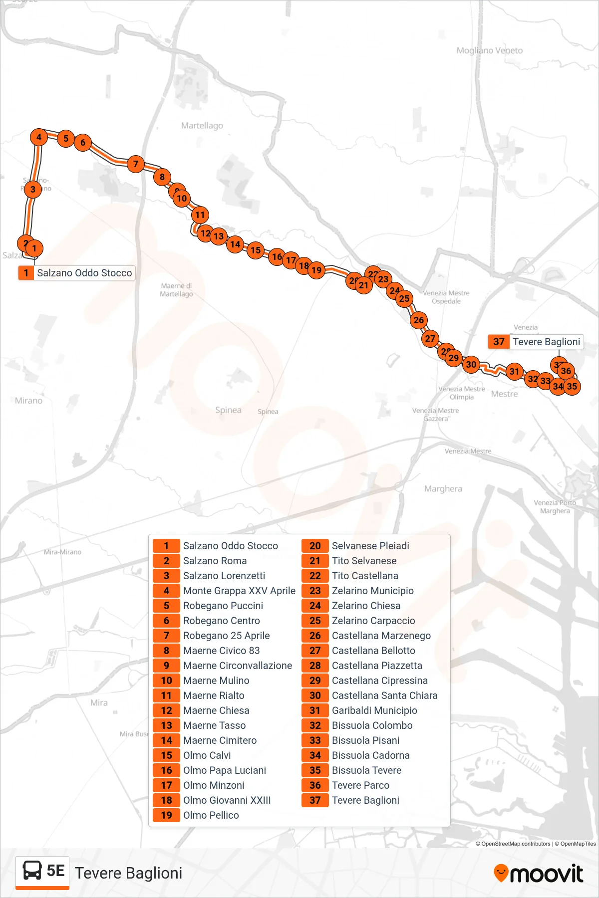Linea 5E bus (Tevere Baglioni) - Percorsi e fermate sulla mappa