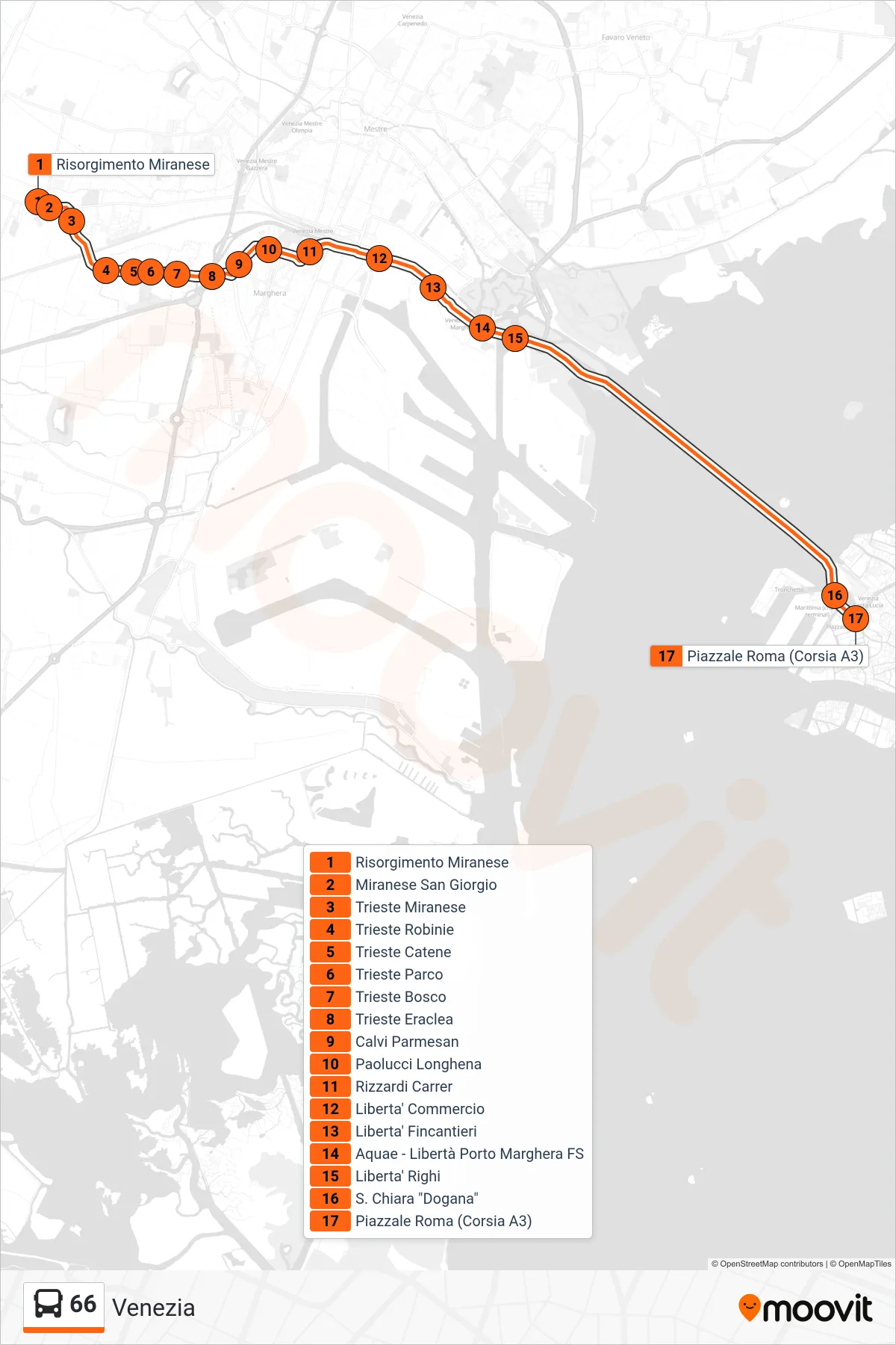 Linea 66  bus (Venezia) - Percorsi e fermate sulla mappa