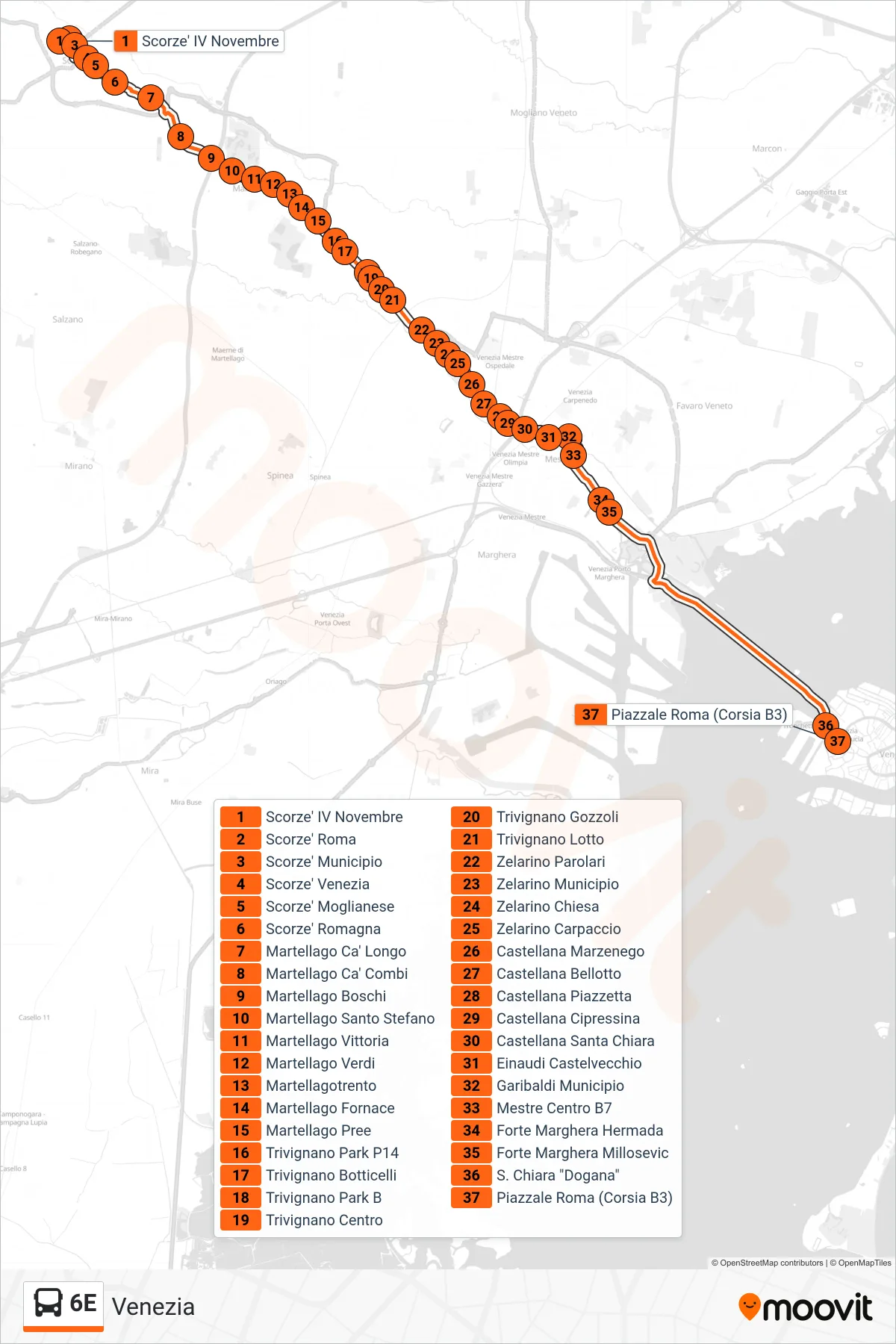 Linea 6E bus (Venezia) - Percorsi e fermate sulla mappa