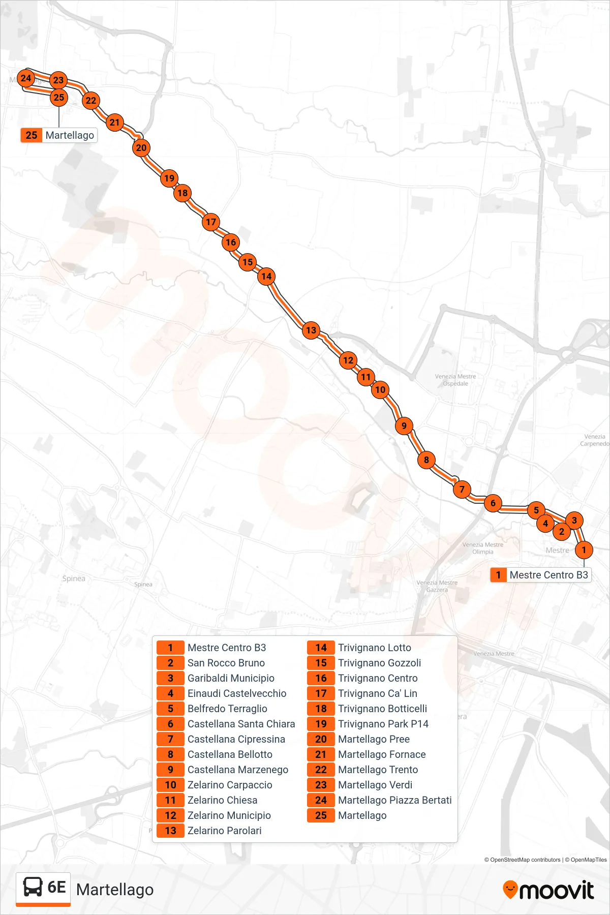 Linea 6E bus (Martellago) - Percorsi e fermate sulla mappa