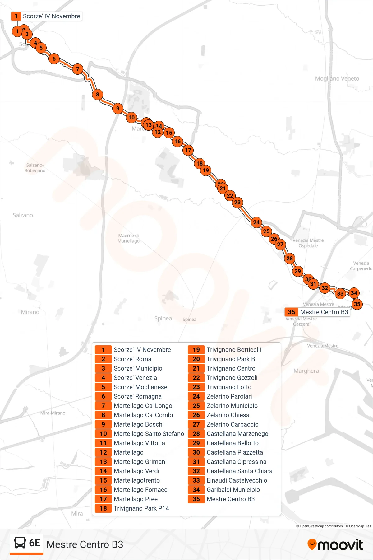 Linea 6E bus (Mestre Centro B3) - Percorsi e fermate sulla mappa