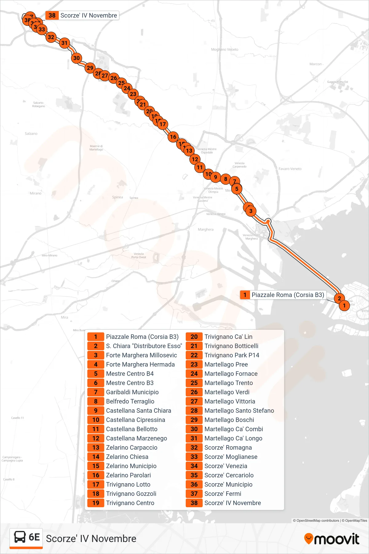 Linea 6E bus (Scorze' IV Novembre) - Percorsi e fermate sulla mappa