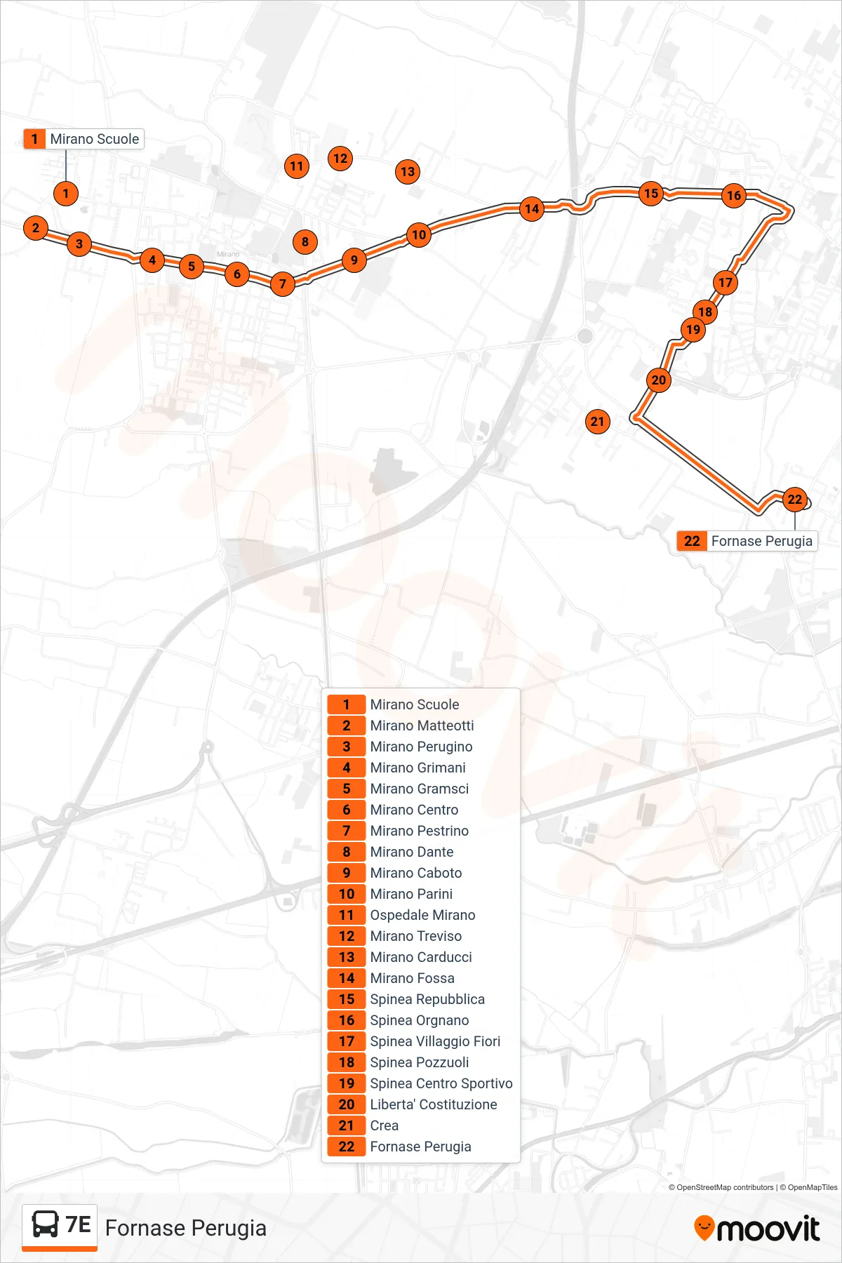 Linea 7E bus (Fornase Perugia) - Percorsi e fermate sulla mappa