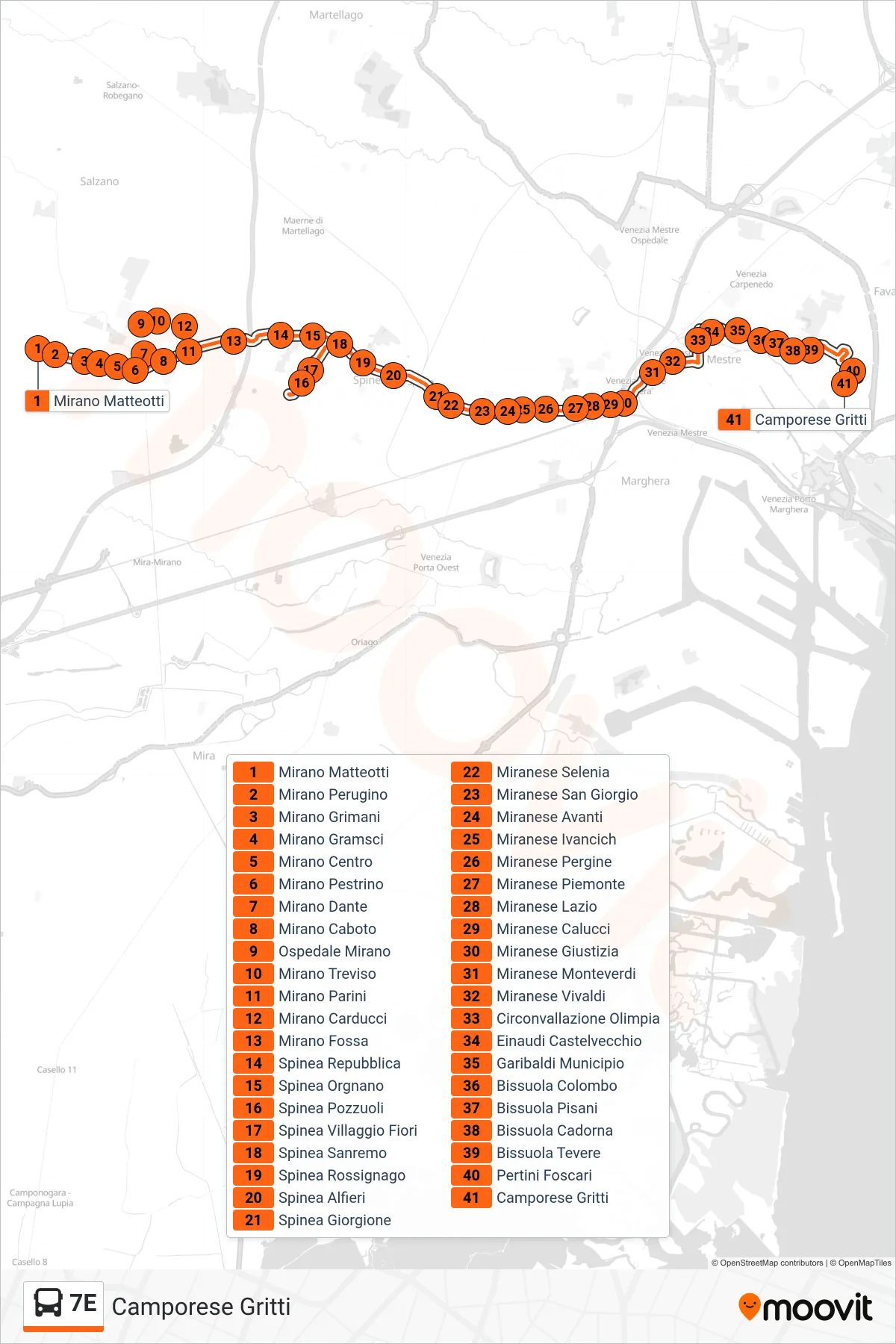 7E bus Line (Camporese Gritti) route and stops on a map