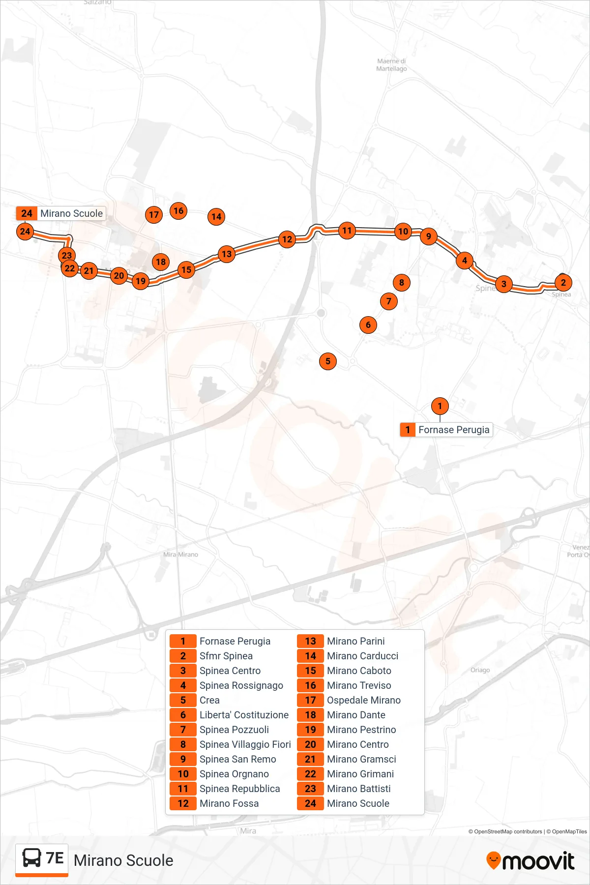 Linea 7E bus (Mirano Scuole) - Percorsi e fermate sulla mappa