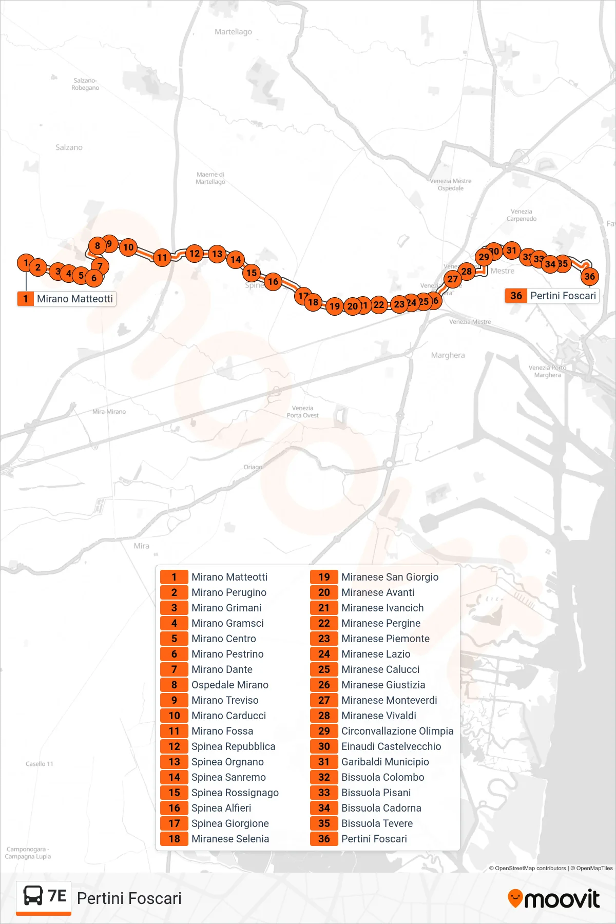 Linea 7E bus (Pertini Foscari) - Percorsi e fermate sulla mappa
