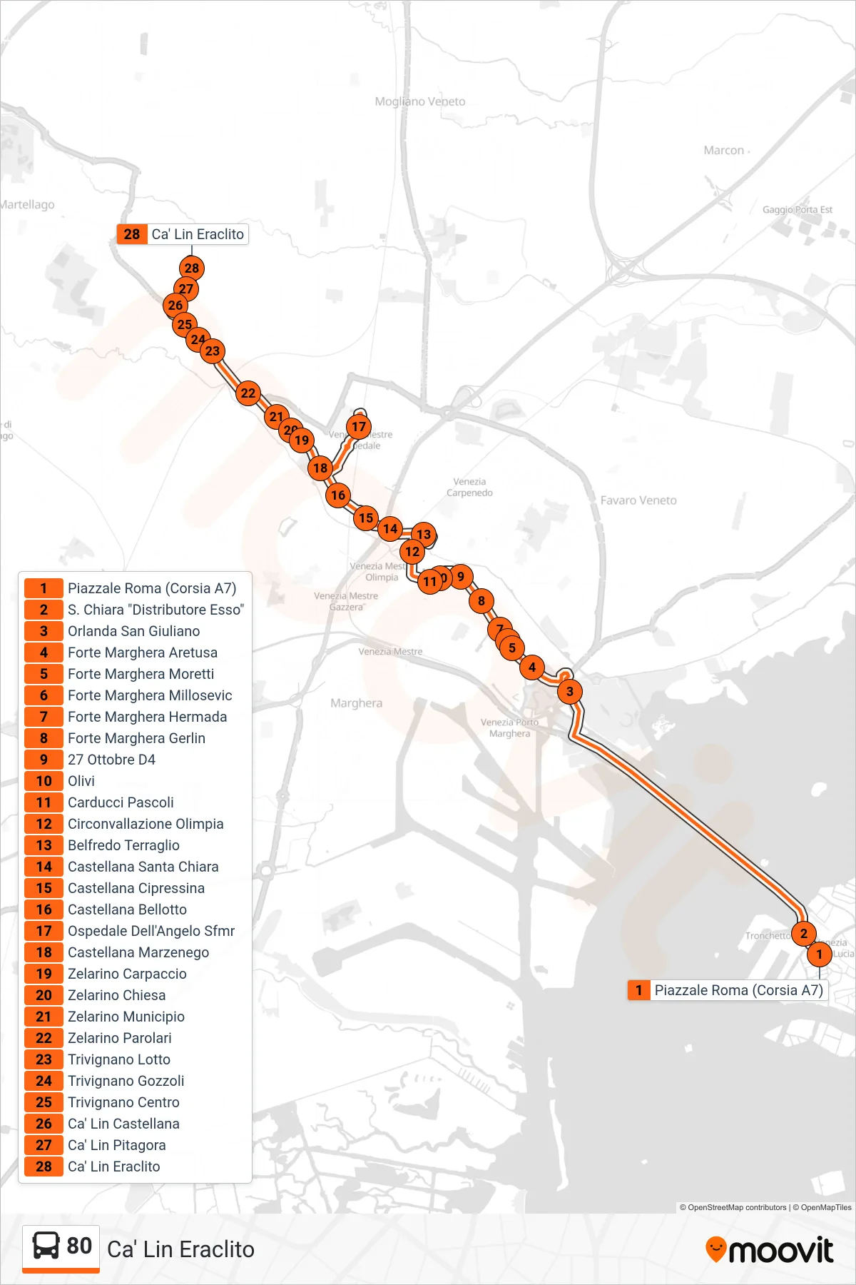 Linea 80  bus (Ca' Lin Eraclito) - Percorsi e fermate sulla mappa