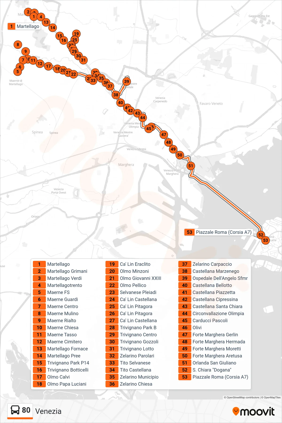 Linea 80 bus (Venezia) - Percorsi e fermate sulla mappa