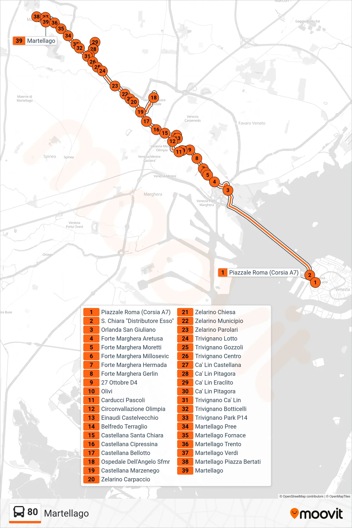 Linea 80 bus (Martellago) - Percorsi e fermate sulla mappa