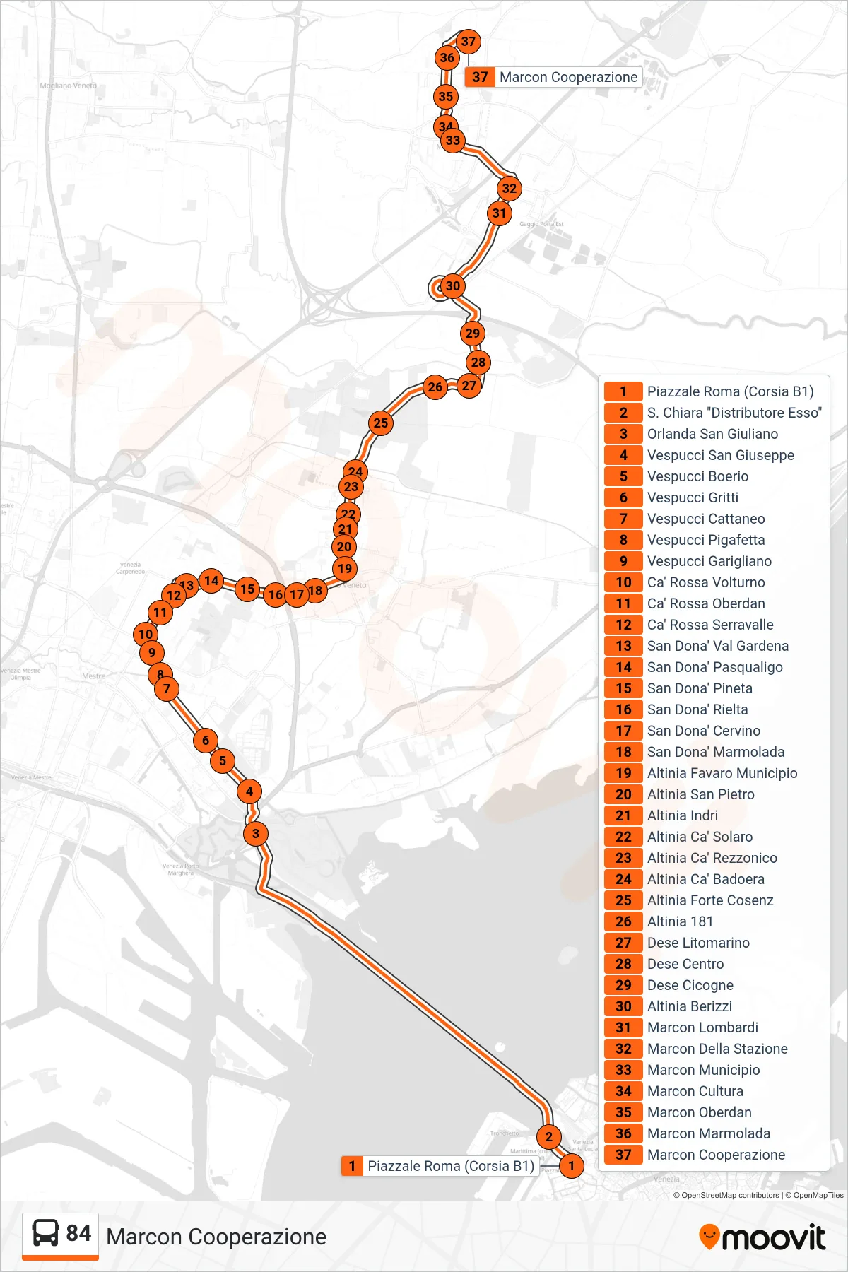 Linea 84  bus (Marcon Cooperazione) - Percorsi e fermate sulla mappa