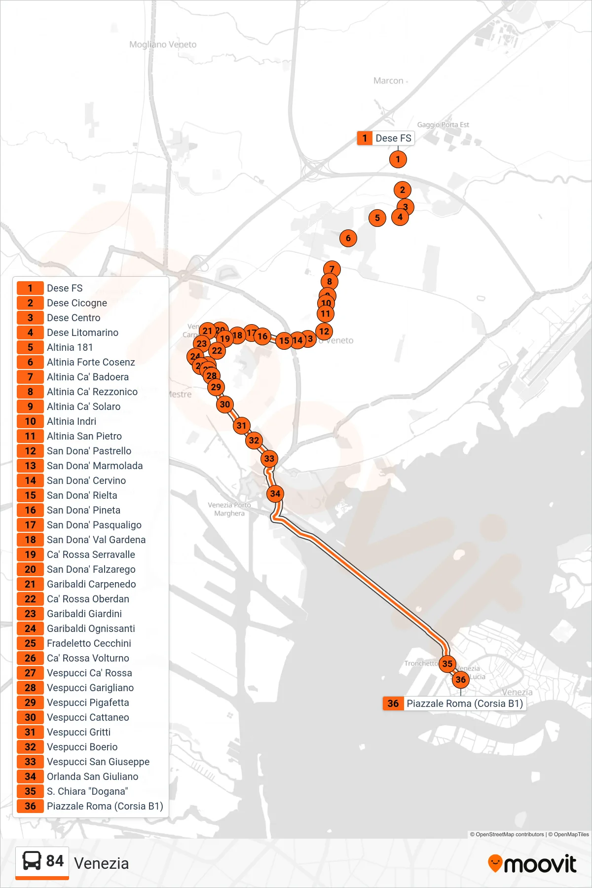 Linea 84 bus (Venezia) - Percorsi e fermate sulla mappa