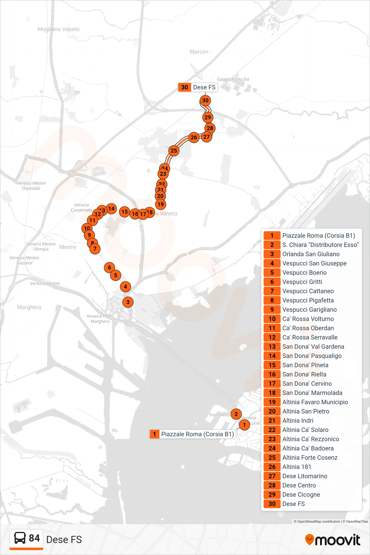 Linea 84  bus (Dese FS) - Percorsi e fermate sulla mappa