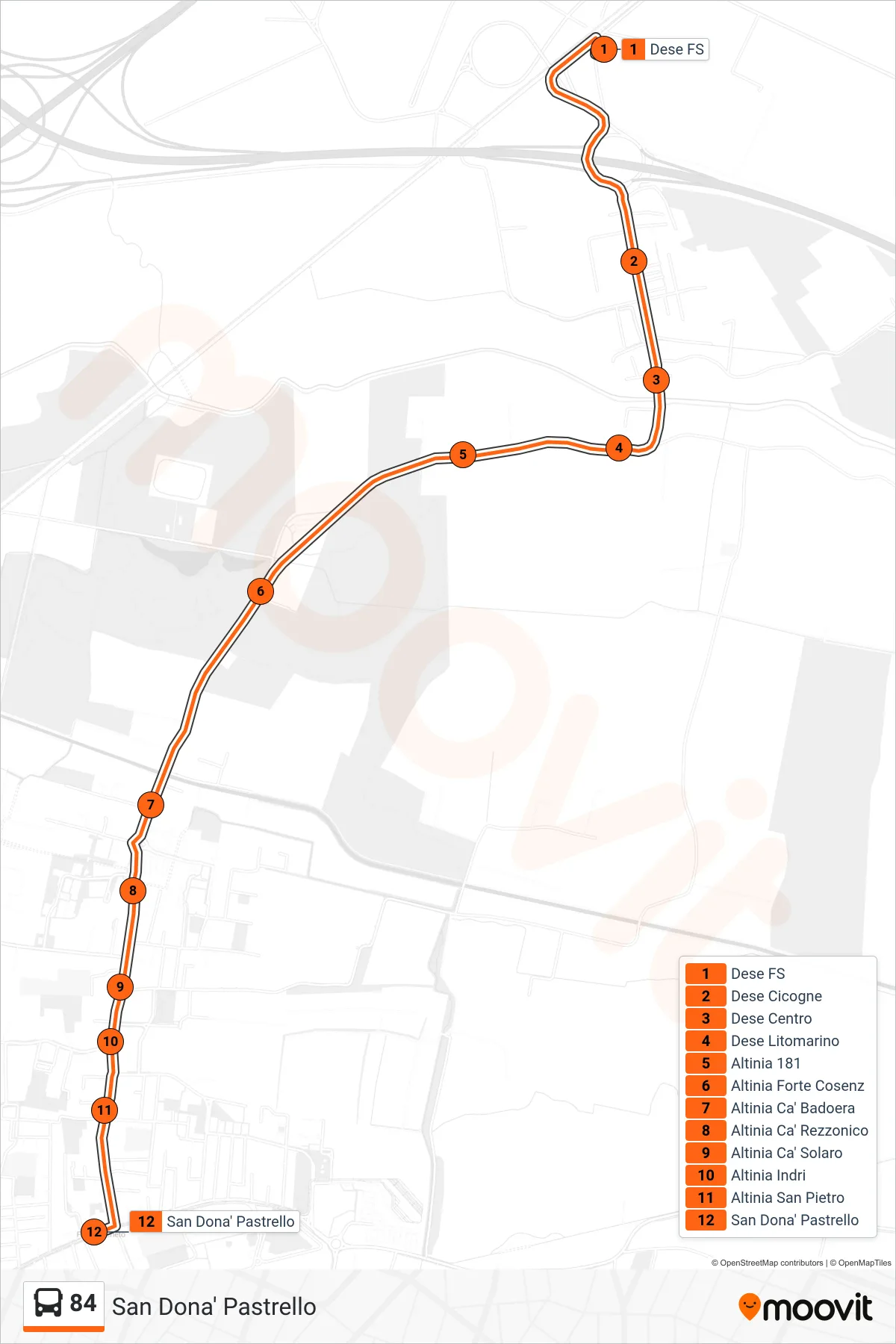 Linea 84 bus (San Dona' Pastrello) - Percorsi e fermate sulla mappa