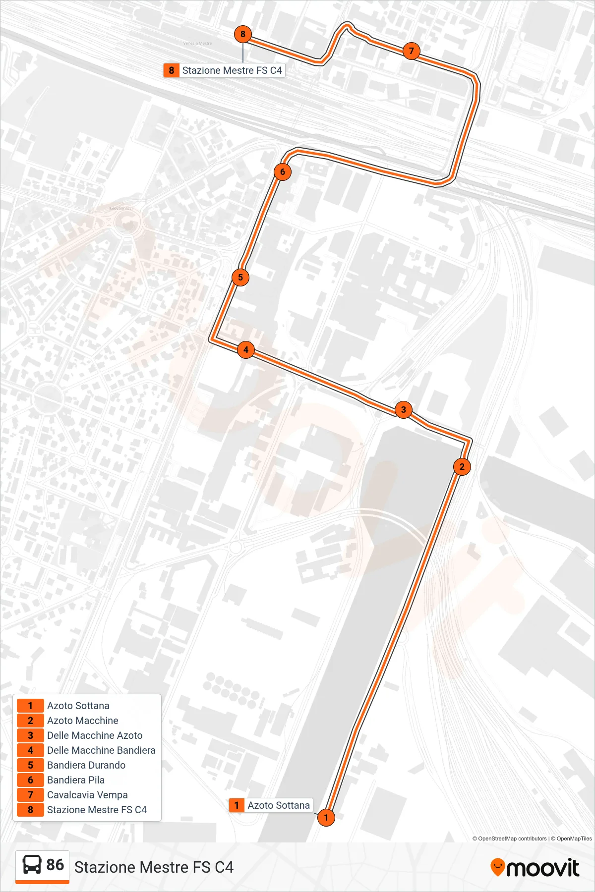 Linea 86  bus (Stazione Mestre FS C4) - Percorsi e fermate sulla mappa