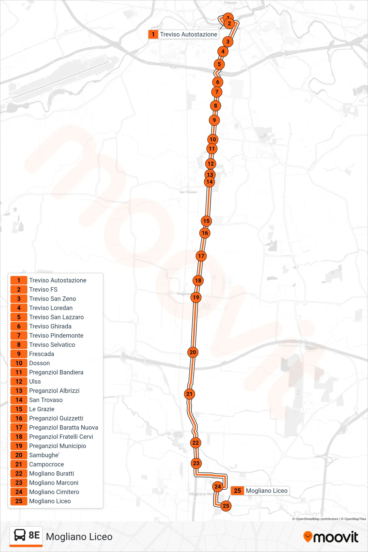 Linea 8E bus (Mogliano Liceo) - Percorsi e fermate sulla mappa
