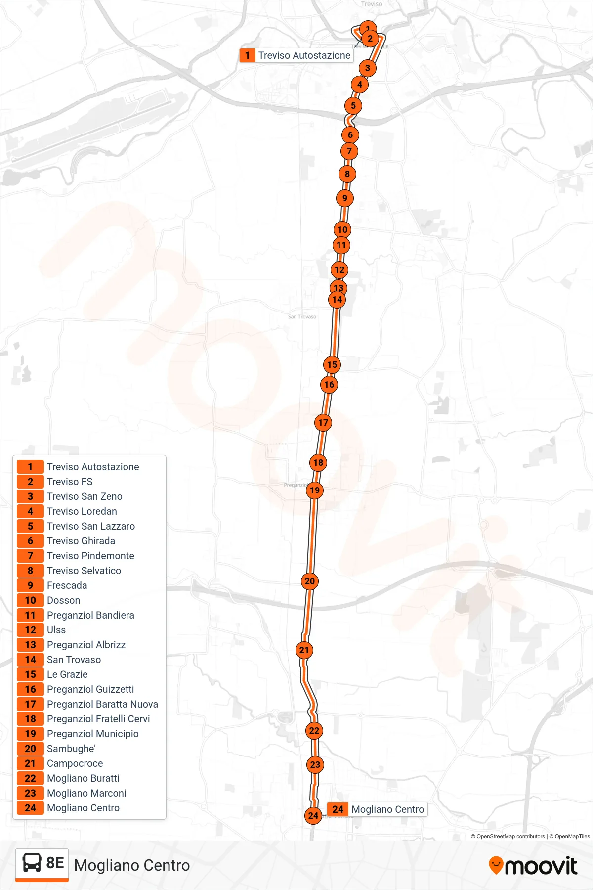 Linea 8E bus (Mogliano Centro) - Percorsi e fermate sulla mappa