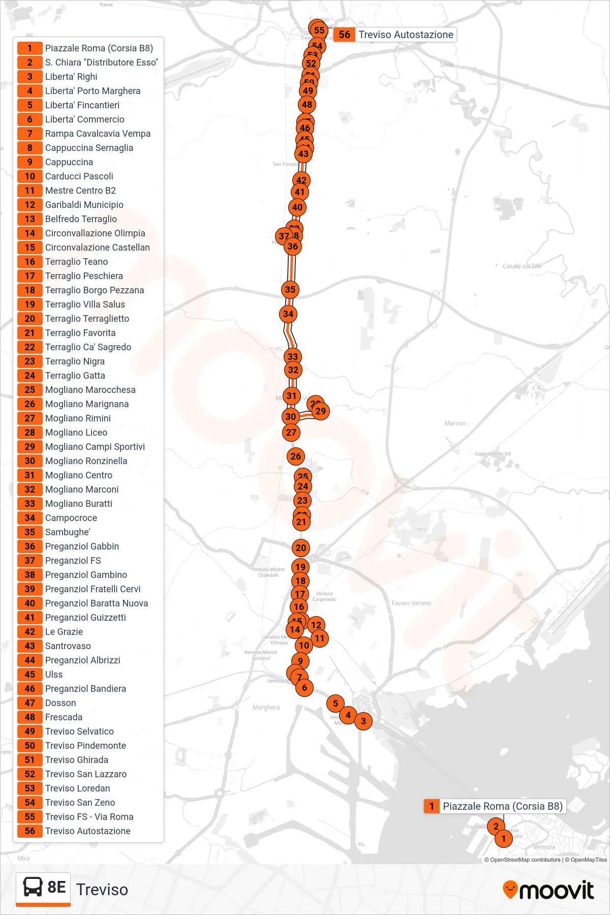 Linea 8E bus (Treviso) - Percorsi e fermate sulla mappa