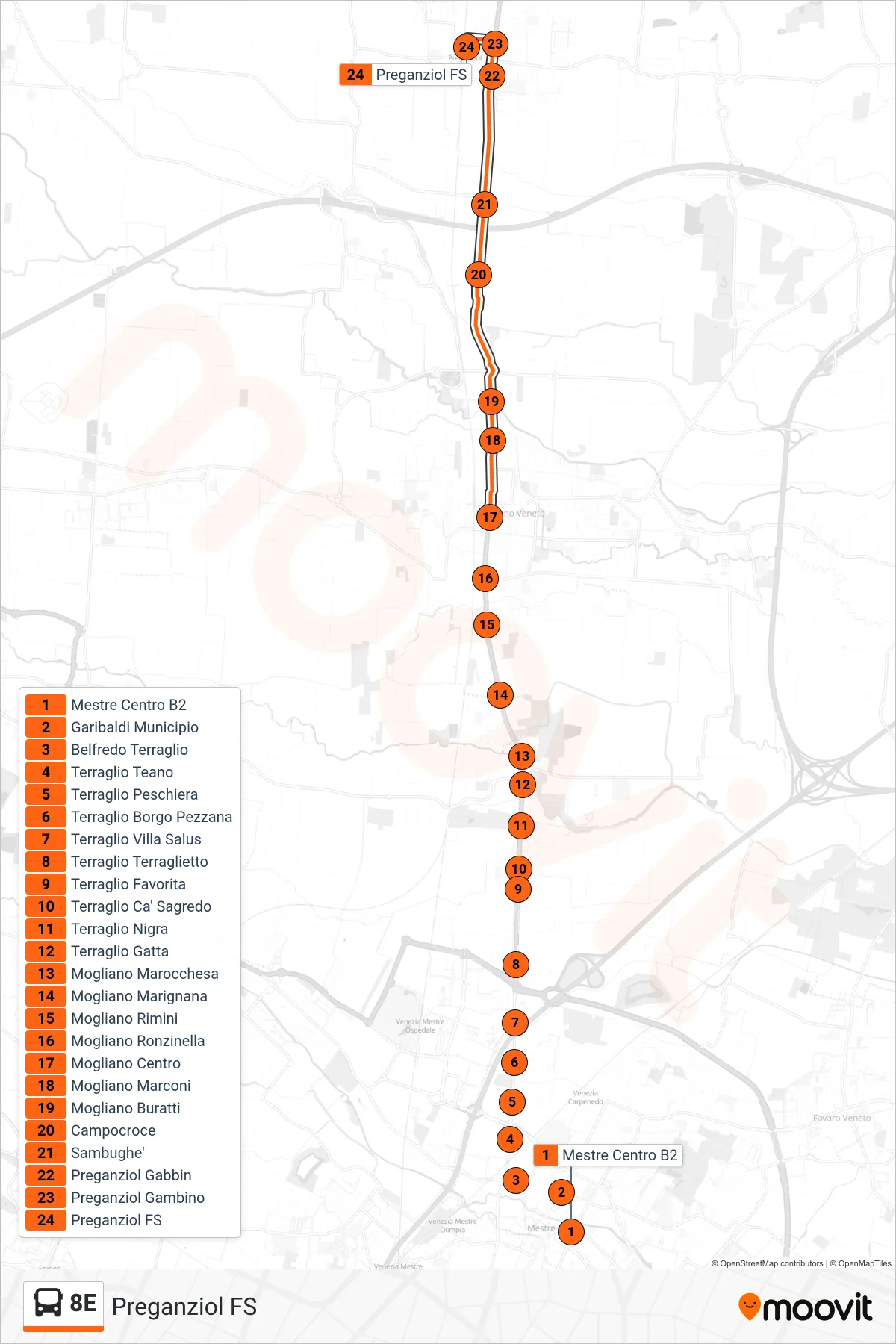 Linea 8E bus (Preganziol FS) - Percorsi e fermate sulla mappa
