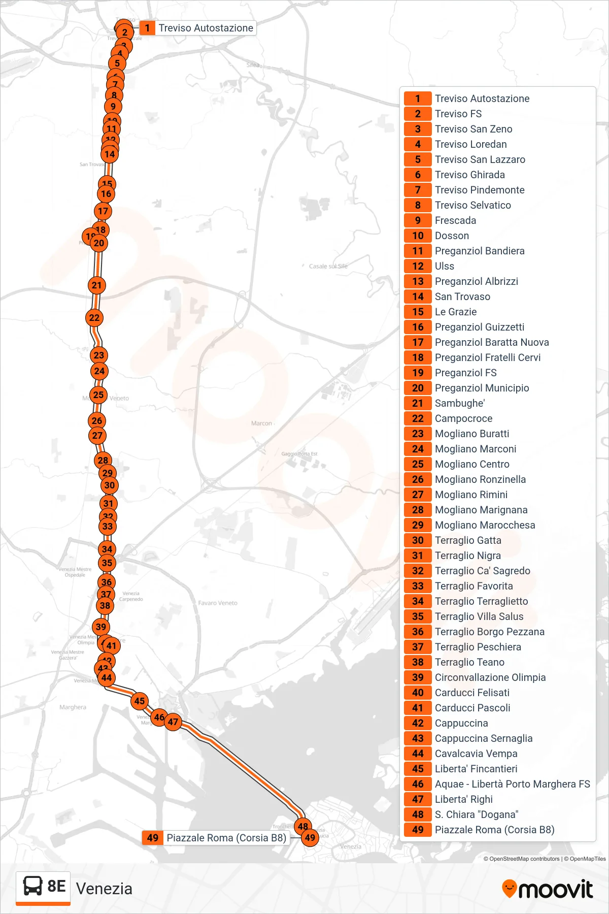 Linea 8E  bus (Venezia) - Percorsi e fermate sulla mappa