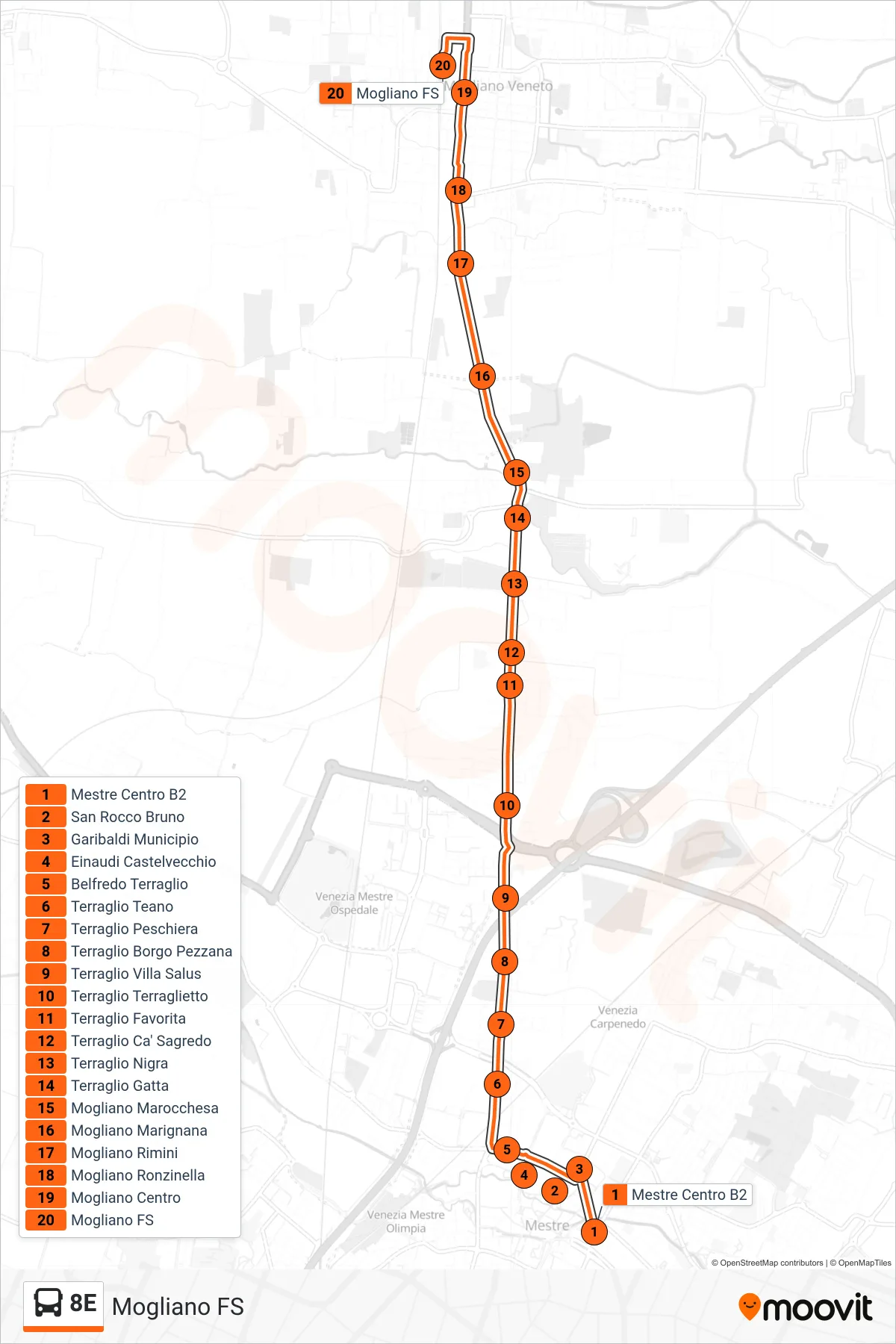 Linea 8E bus (Mogliano FS) - Percorsi e fermate sulla mappa