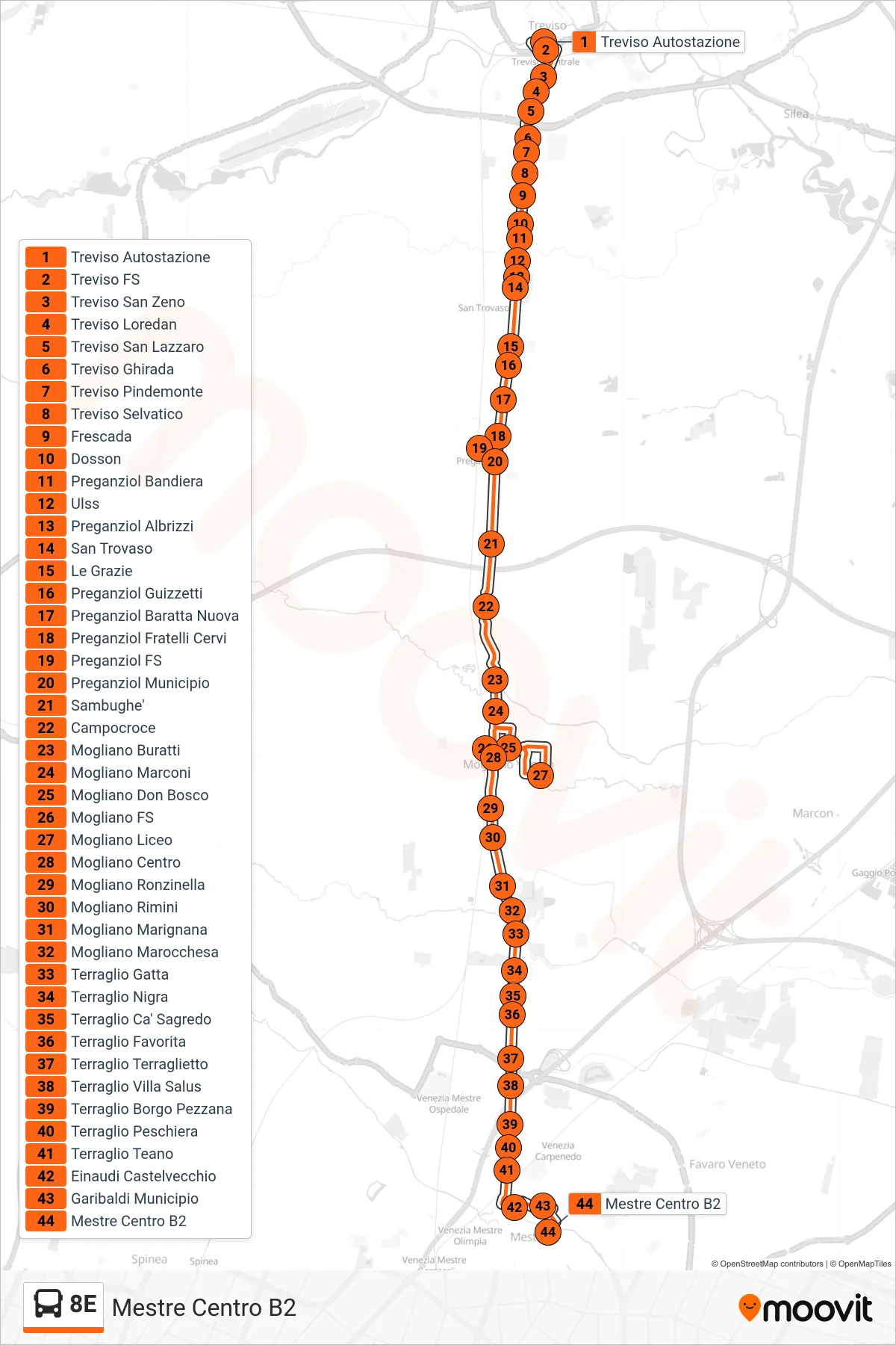 Linea 8E bus (Mestre Centro B2) - Percorsi e fermate sulla mappa