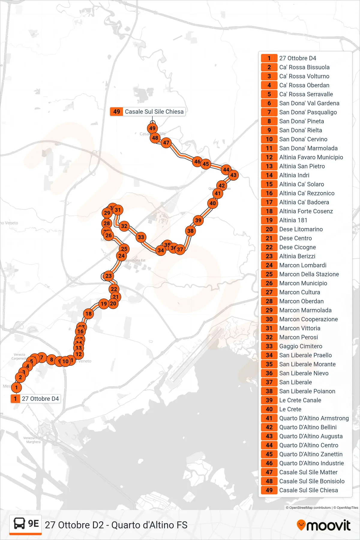 Linea 9E bus (Casale Sul Sile Chiesa) - Percorsi e fermate sulla mappa