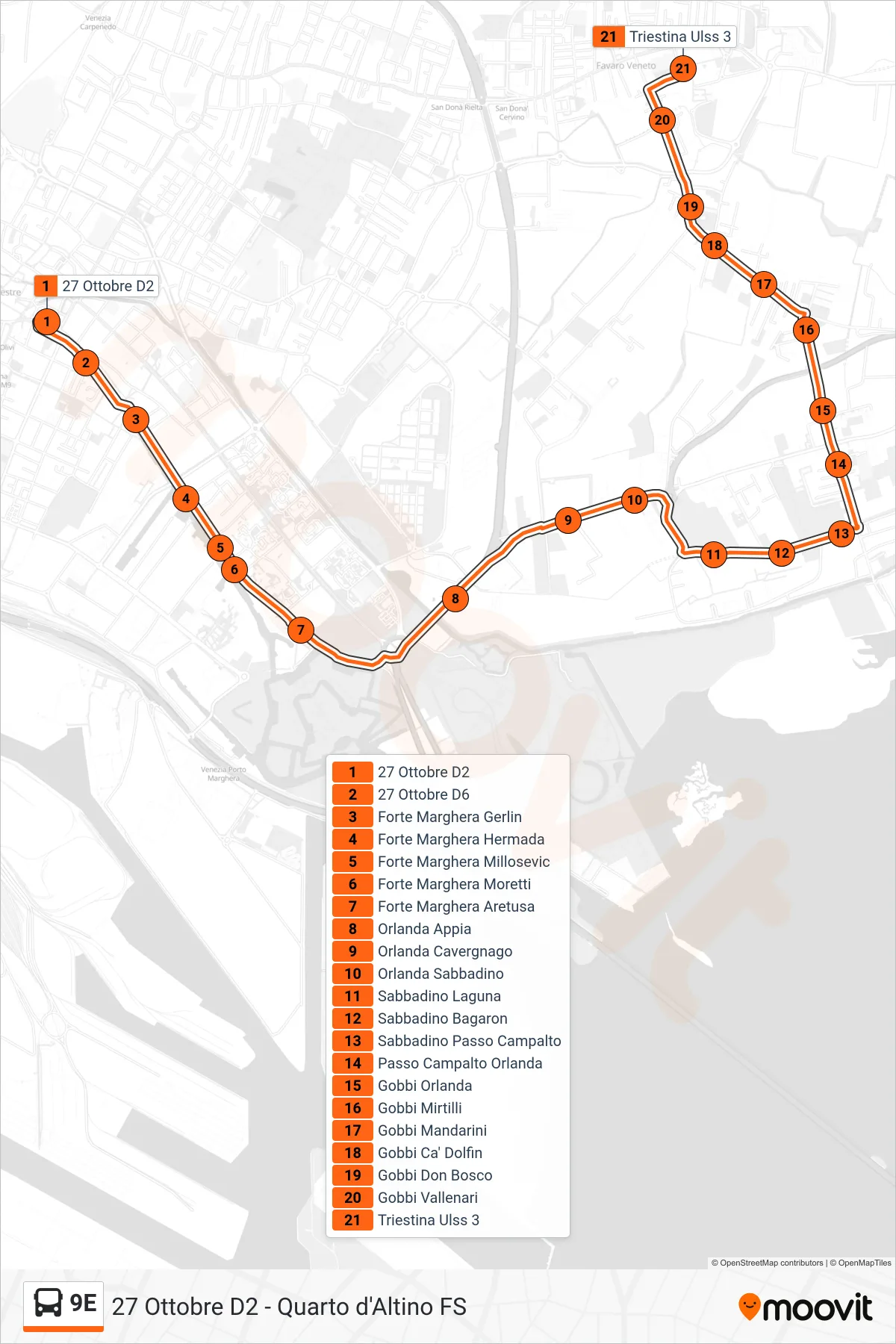 Linea 9E  bus (Triestina Ulss 3) - Percorsi e fermate sulla mappa