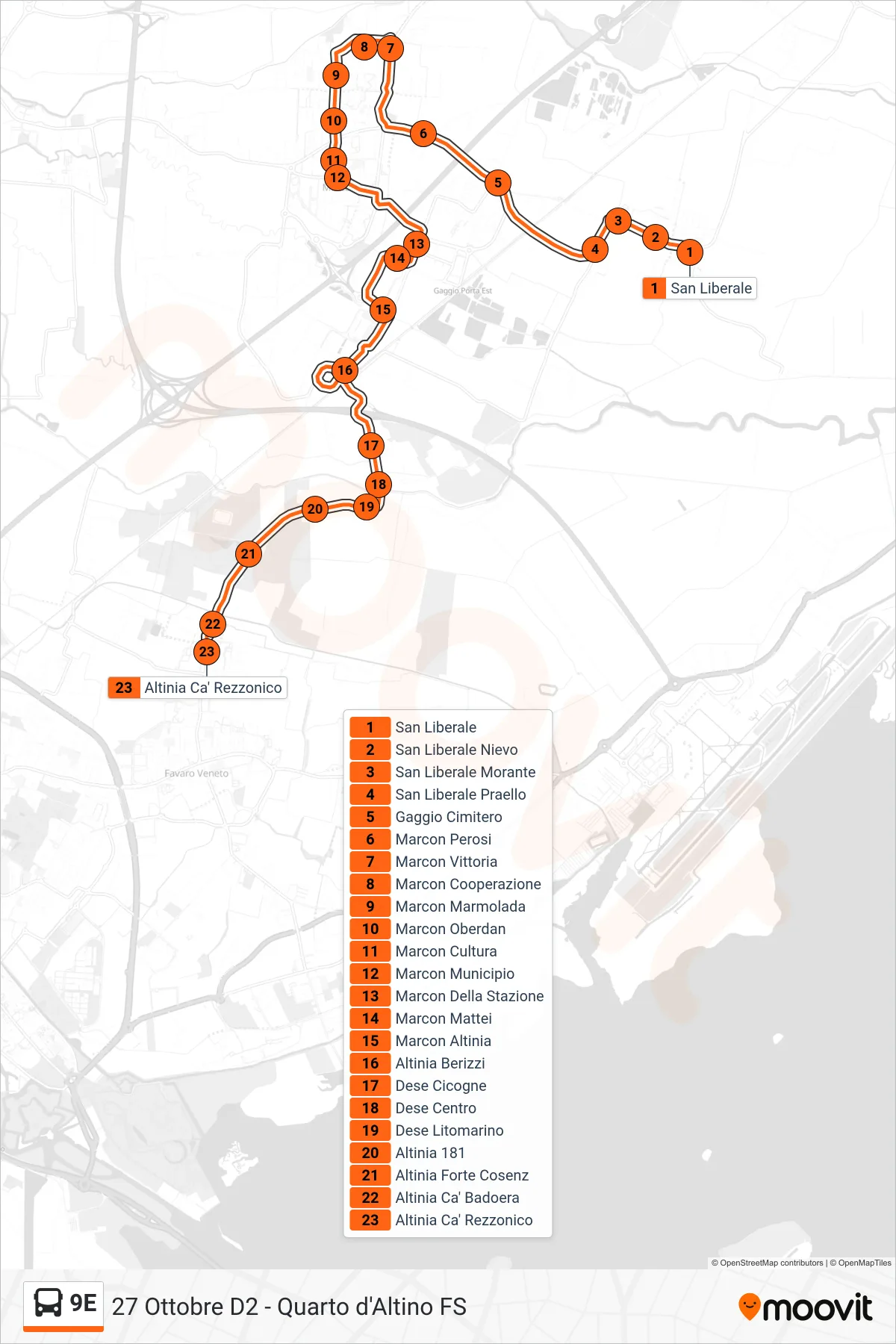 Linea 9E  bus (Altinia Ca' Rezzonico) - Percorsi e fermate sulla mappa