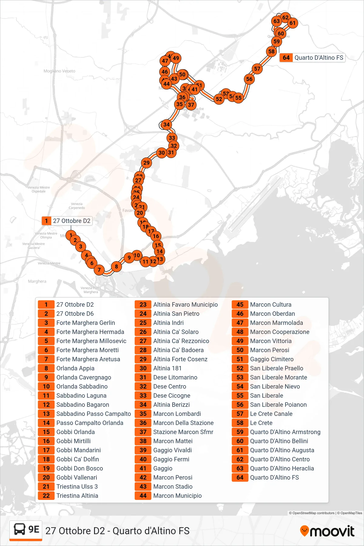 Linea 9E bus (Quarto D'Altino FS) - Percorsi e fermate sulla mappa