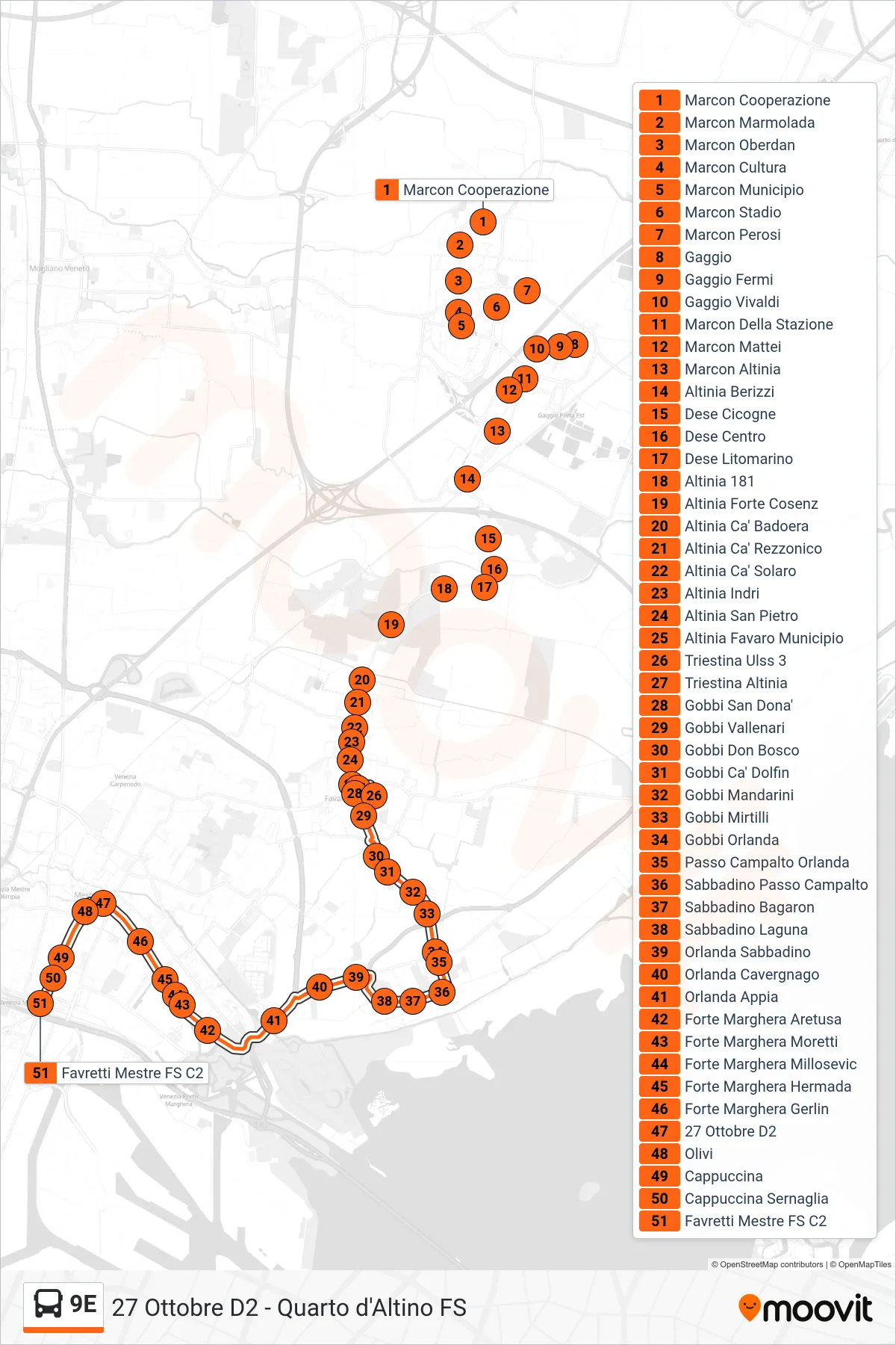 Linea 9E  bus (Favretti Mestre FS C2) - Percorsi e fermate sulla mappa