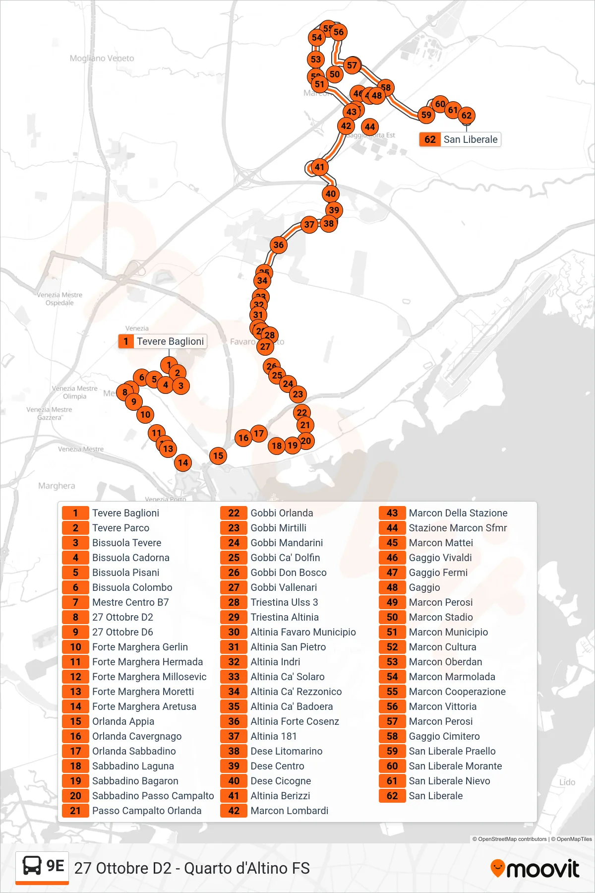 9E bus Line (San Liberale) route and stops on a map
