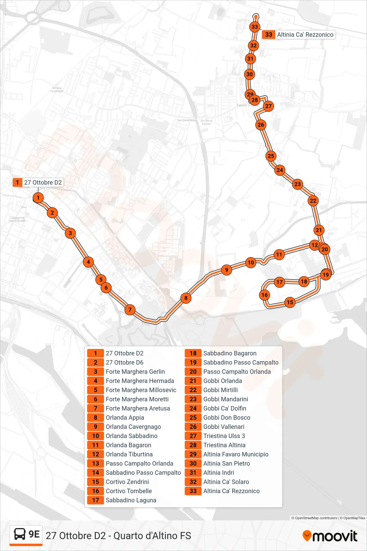 Linea 9E bus (Altinia Ca' Rezzonico) - Percorsi e fermate sulla mappa