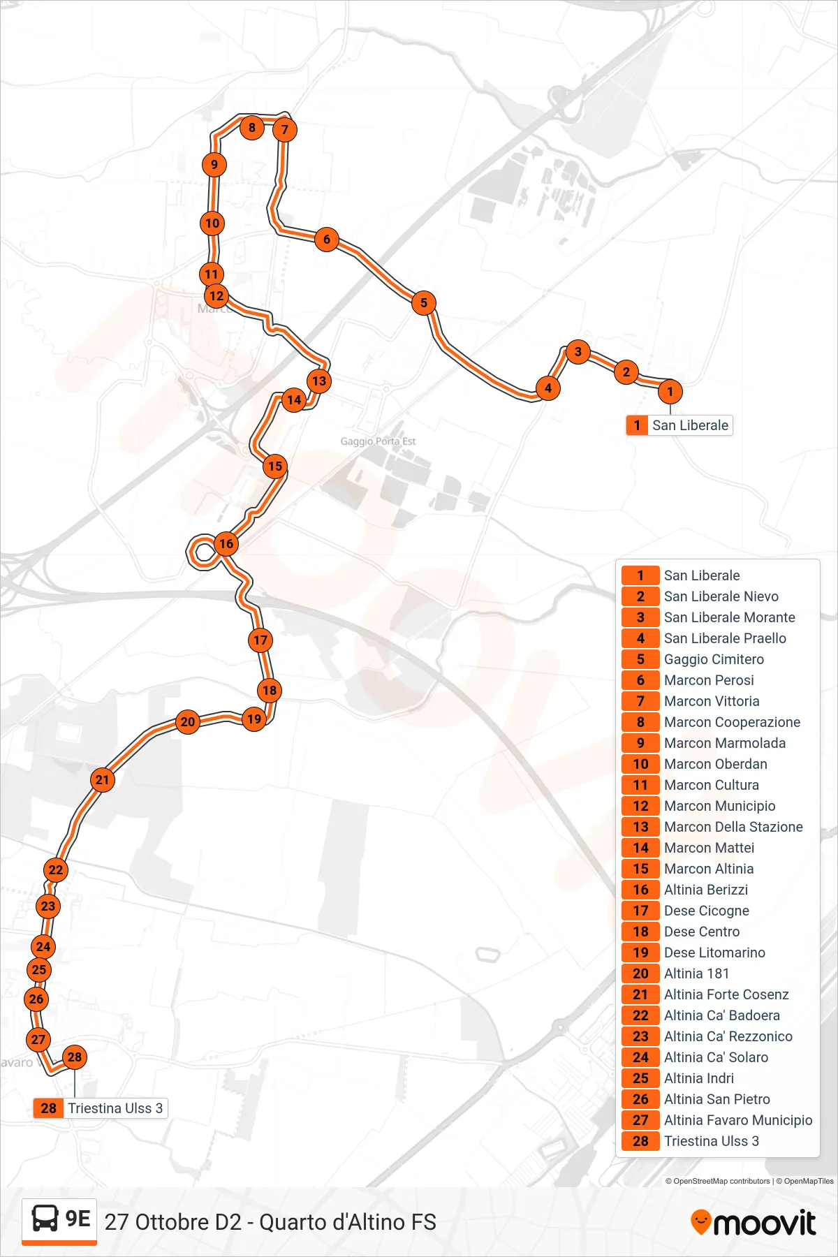 Linea 9E  bus (Triestina Ulss 3) - Percorsi e fermate sulla mappa